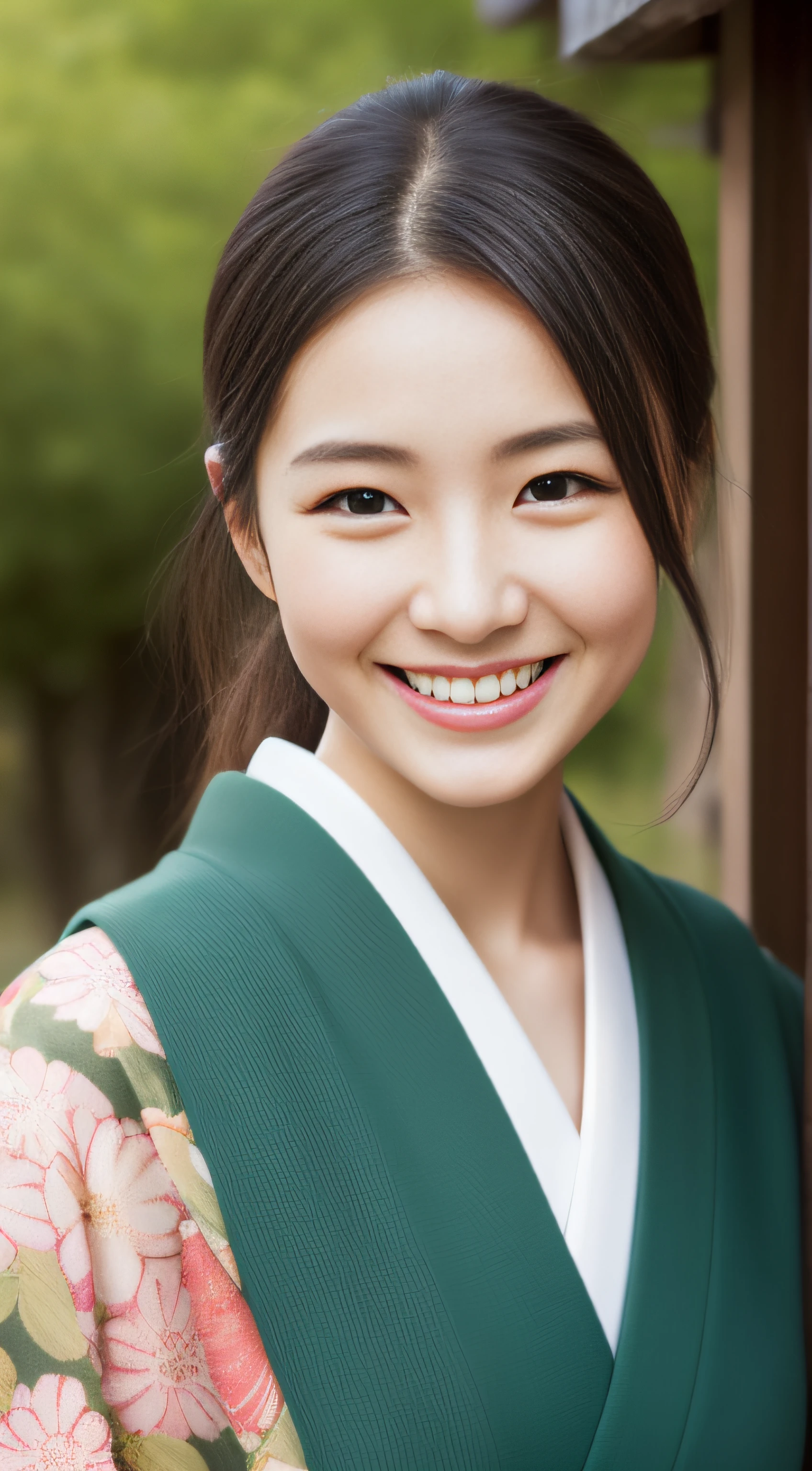 The charming face of the hostess、Floral Japan Kimono、hiquality、A hyper-realistic、healthy、Smiling expression、Slender perfect figure、Japan beauties、 perfect eyes beautiful skin、The upper part of the body、Shrines and temples
