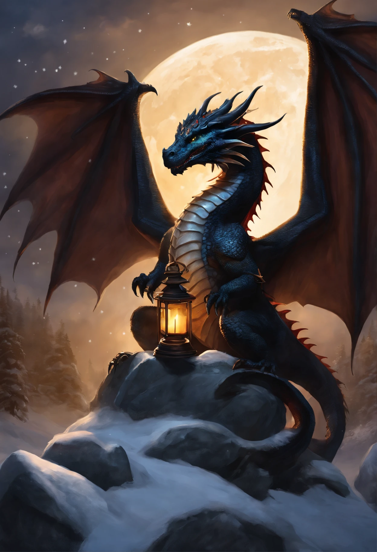 a dragon sits on a stone among the snow holding a lantern in the shape of the moon in its paws, flaps its wings, The stars are shining, realistic fantasy illustration, dragon art, D&d Commission Art Dragon, digesting a small dragon, anthro dragon art, European Dragon, Portrait of a Dragon, Tarragon Vore Art, Anthropomorphic dragon, Ultraterrestrial Dragons, fantasy rpg book illustration, Do Not Disturb Card Case
