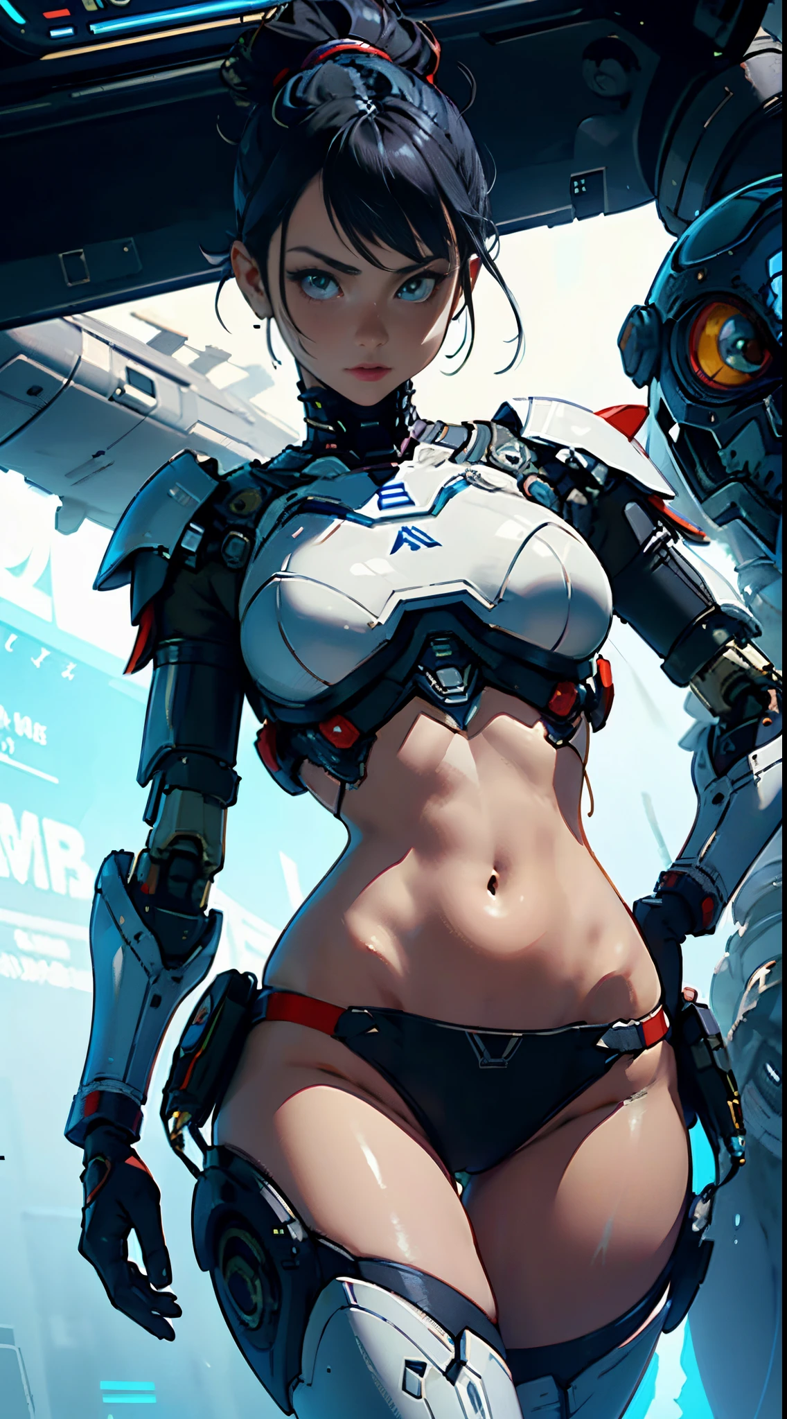 UHD com detalhes impressionantes, estilo inspirado em Shadow of the Colossus, Mass Effect and Monster Hunter. | A stunning 30-year-old woman wearing white cybernetic armor with blue trim and black robotic parts, perfeitamente ajustado ao seu corpo. Seu curto cabelo azul, com duas marias-chiquinhas e franja no olho direito, adiciona um toque de exclusividade. Inside an alien aircraft, surrounded by advanced technology, She adopts a dynamic pose, reclinado de uma forma cativante. The scene is full of large technological alien structures, computadores e janelas futuristas. The camera, positioned very close, destaca todo o corpo do personagem principal. | {The camera is positioned very close to her, revealing her entire body as she takes on a dynamic pose, reclinado de uma forma cativante} | ((perfeito_Posar):1), ((corpo inteiro)), ((Hands_com_5_Dedos):1), ((perfeito_Dedos):1), ((perfeito_perna):1), melhor_Hands, mais_detalhe.