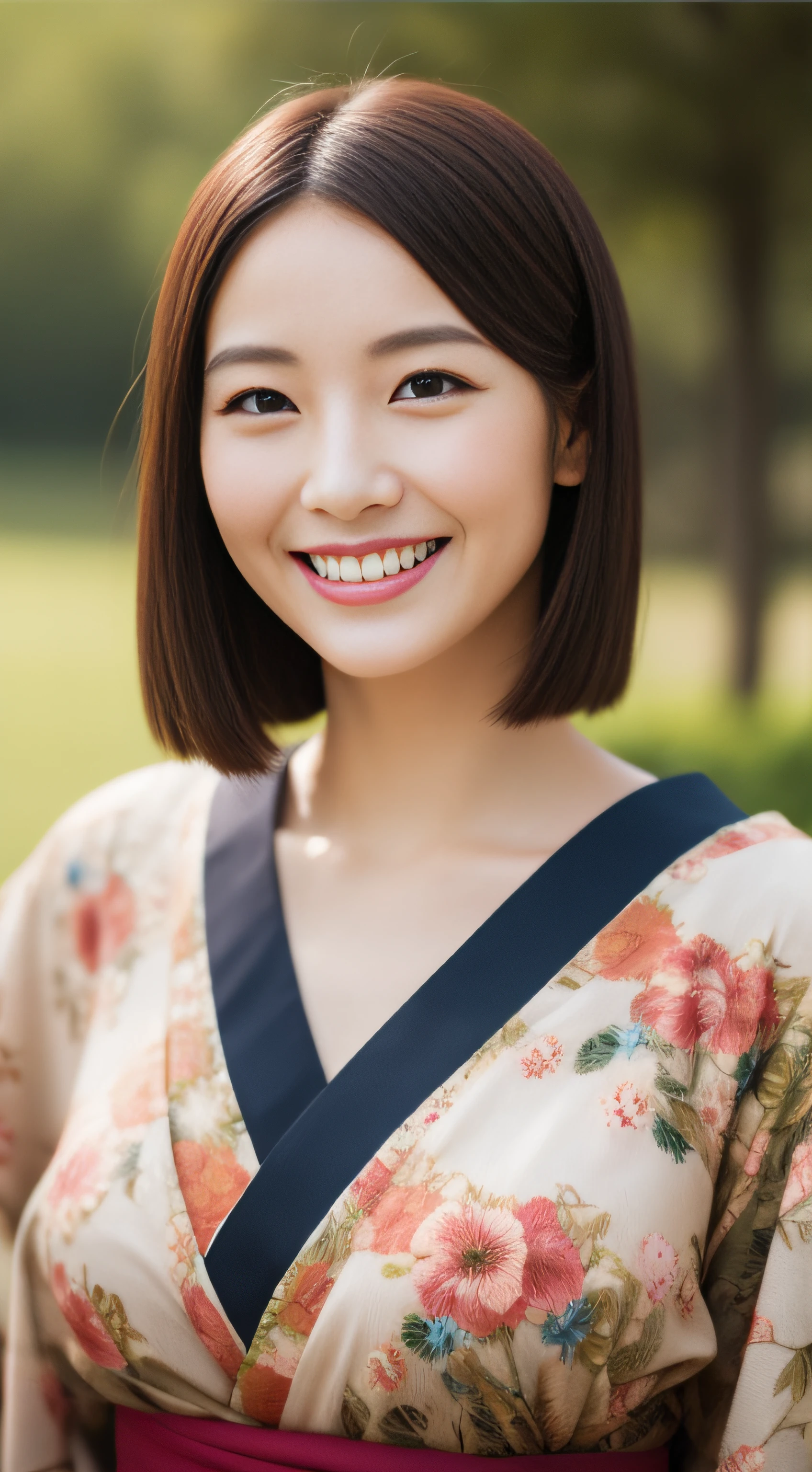 The charming face of the hostess、Floral Japan Kimono、hiquality、A hyper-realistic、healthy、Smiling expression、Slender perfect figure、Japan beauties、 perfect eyes beautiful skin、The upper part of the body、Shrines and temples