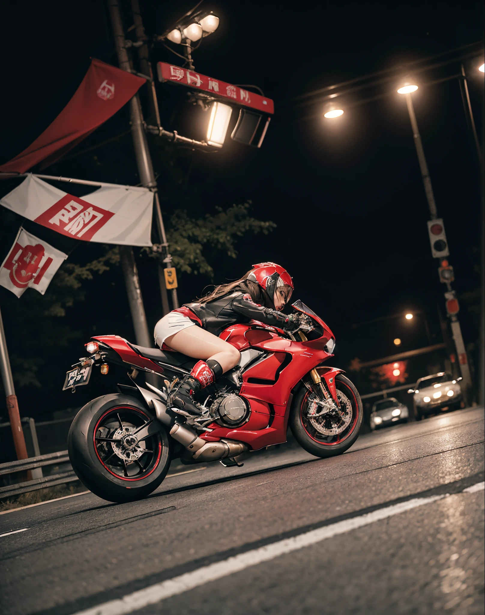 hight resolution、high-level image quality、in 8K、Real live-action、Raw photography、top-quality、masterpiece、masutepiece、(Soft Saturation:1)、(depth of fields:1.2)、(Ray traching:1.2)、Shot diagonally from above、mid night、background is city at night、heavy wind、Big red motorcycle speeding through the city at night、Young woman in red dress sitting on a big red motorcycle、Beautiful face、Black semi-long hair、 (Red jacket:1.2)、(White miniskirt:1.3)、(white knee highs)、((Red boots))、(Red boots:1.2、Draw the toes:1.2)、perfect hand、perfect foot、perfect ankles、Perfect toes、Perfect toes、Perfect Heel:1.3、((Grasp the controller with both hands:1.2))、Grasp the controller with both hands、Slouched、put one'Upper body, Sitting on the Ducati Panigale V4,Riding the Ducati Panigale V4, Big Ducati Panigale V4、Motorcycle Rider, How to ride the Ducati Panigale V4, (Draw left and right rearview mirrors:1.3)、headlights shine blue、picture of a female biker, motorbike,Motorcycle displacement: Ducati Panigale V4、Big Ducati Panigale V4、Big Ducati Panigale V4、