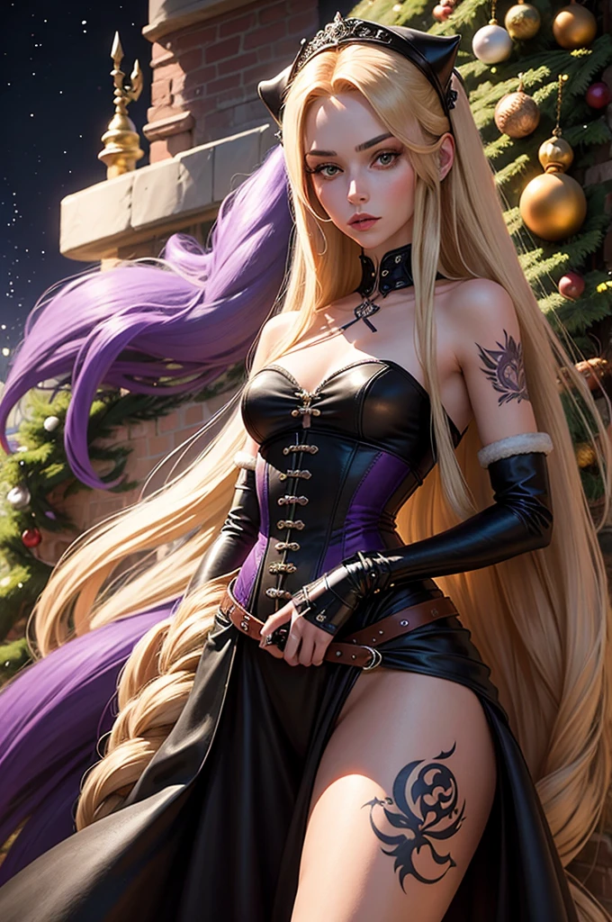 a beautiful woman with the appearance of Rapunzel with very very long (black, blond, red, brown) hair, in a purple leather corset and a white fur belt, biker tattoos on her arms, against the background of a green Christmas tree and a night street in the light of the moon