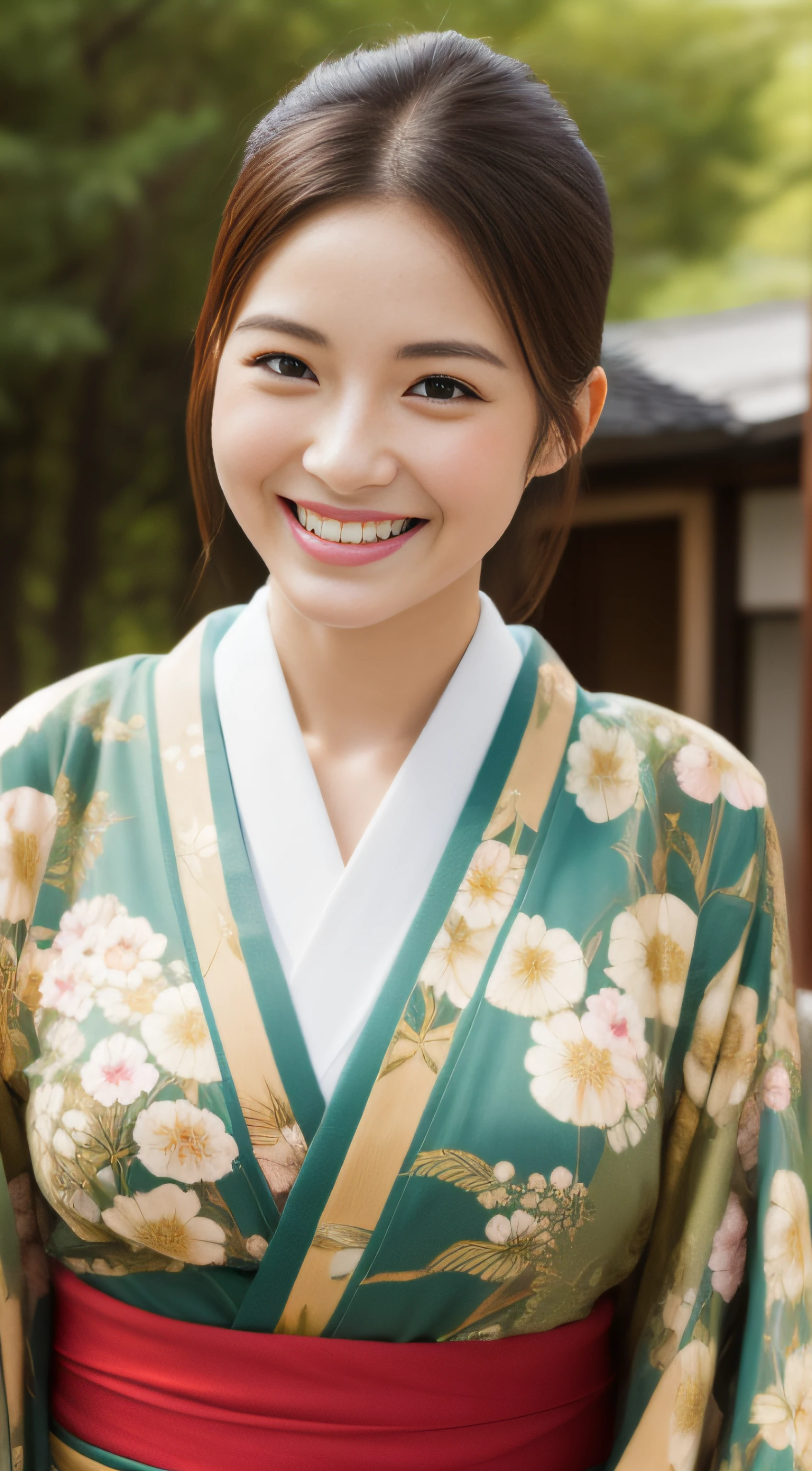 The charming face of the hostess、Floral Japan Kimono、hiquality、A hyper-realistic、healthy、Smiling expression、Slender perfect figure、Japan beauties、 perfect eyes beautiful skin、The upper part of the body、Shrines and temples