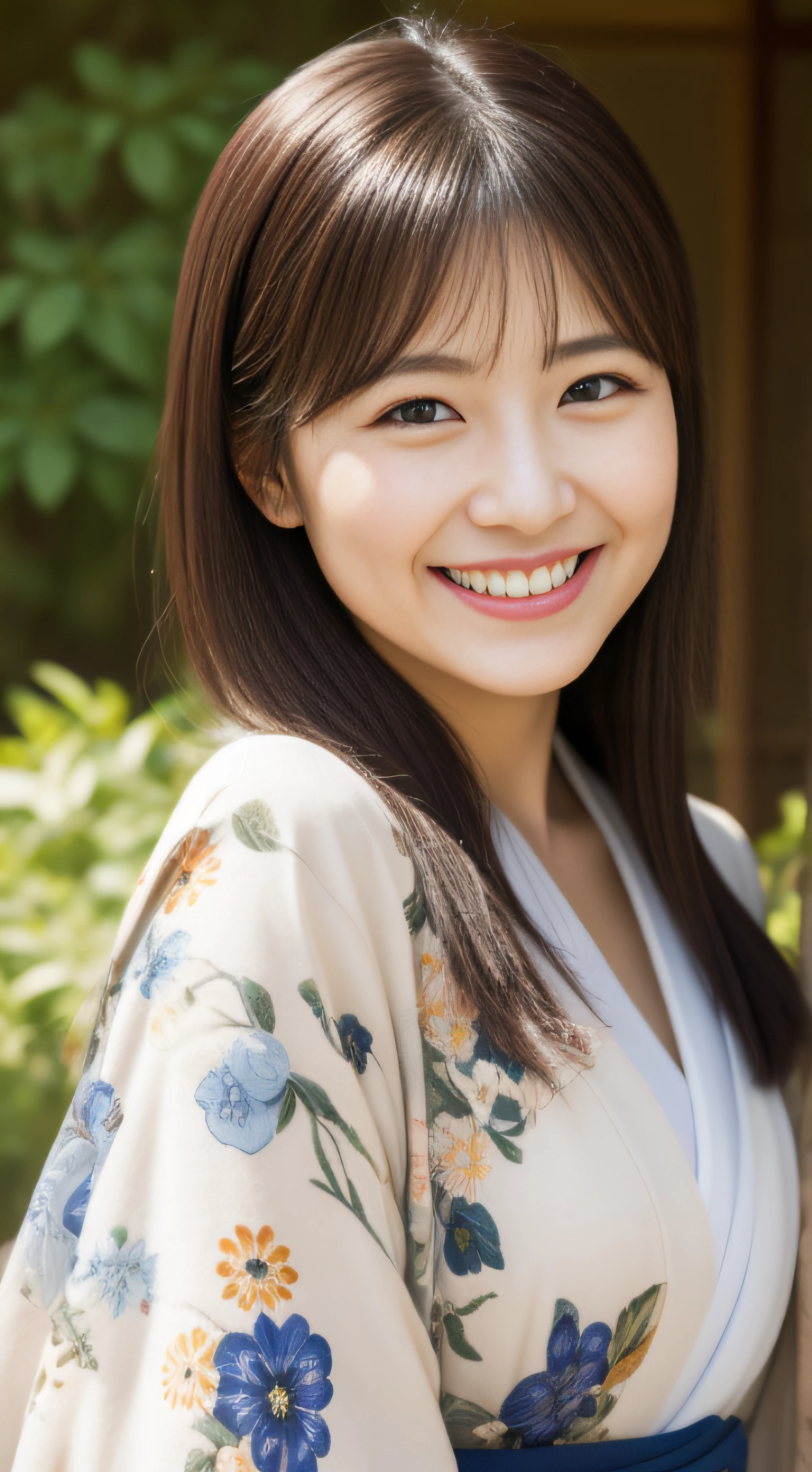 The charming face of the hostess、Floral Japan Kimono、hiquality、A hyper-realistic、healthy、Smiling expression、Slender perfect figure、Japan beauties、 perfect eyes beautiful skin、The upper part of the body、Shrines and temples