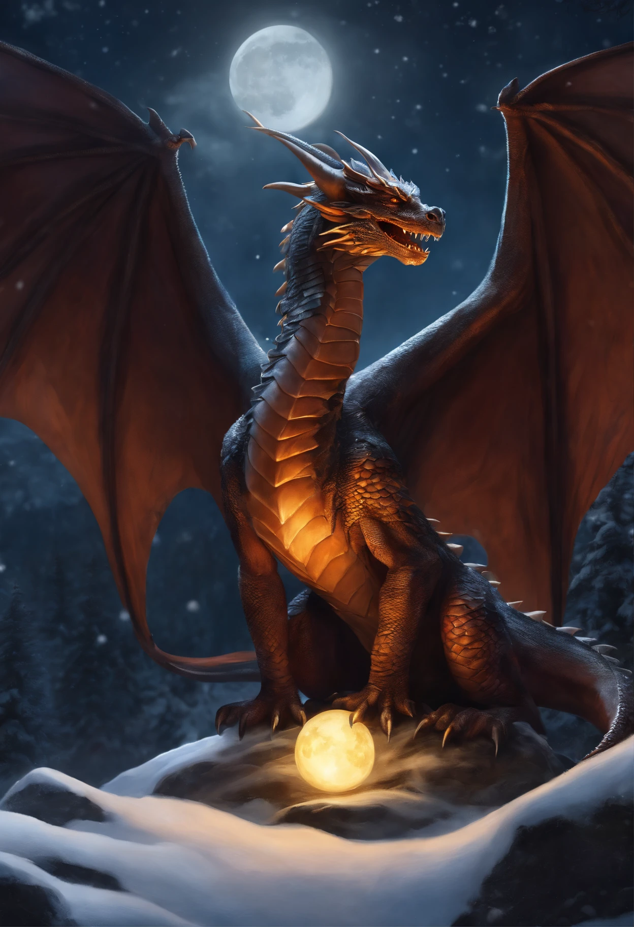 a dragon sits on a stone among the snow holding a luminous moon in its mouth, flaps its wings, Static movement, The stars are shining, realistic fantasy illustration, dragon art, D&d Commission Art Dragon, digesting a small dragon, anthro dragon art, European Dragon, Portrait of a Dragon, Tarragon Vore Art, Anthropomorphic dragon, Ultraterrestrial Dragons, fantasy rpg book illustration, Do Not Disturb Card Case