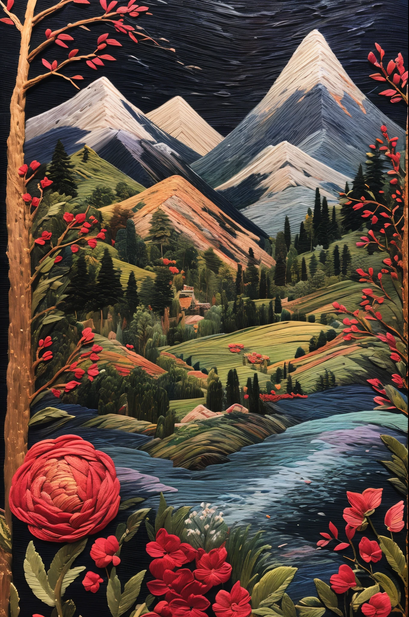 Best quality,tmasterpiece,超高分辨率,(Shoot real:1.4),Movie Angle,(sunaiyun,mountain ranges,ln the forest,rios,chinesedragon),(embroidery,quilted embroidery,Su Embroidery),(plethora of colorest quality,high detal,tmasterpiece,Cinematic lighting effects,4K,Chiaroscuro),Embroidery
