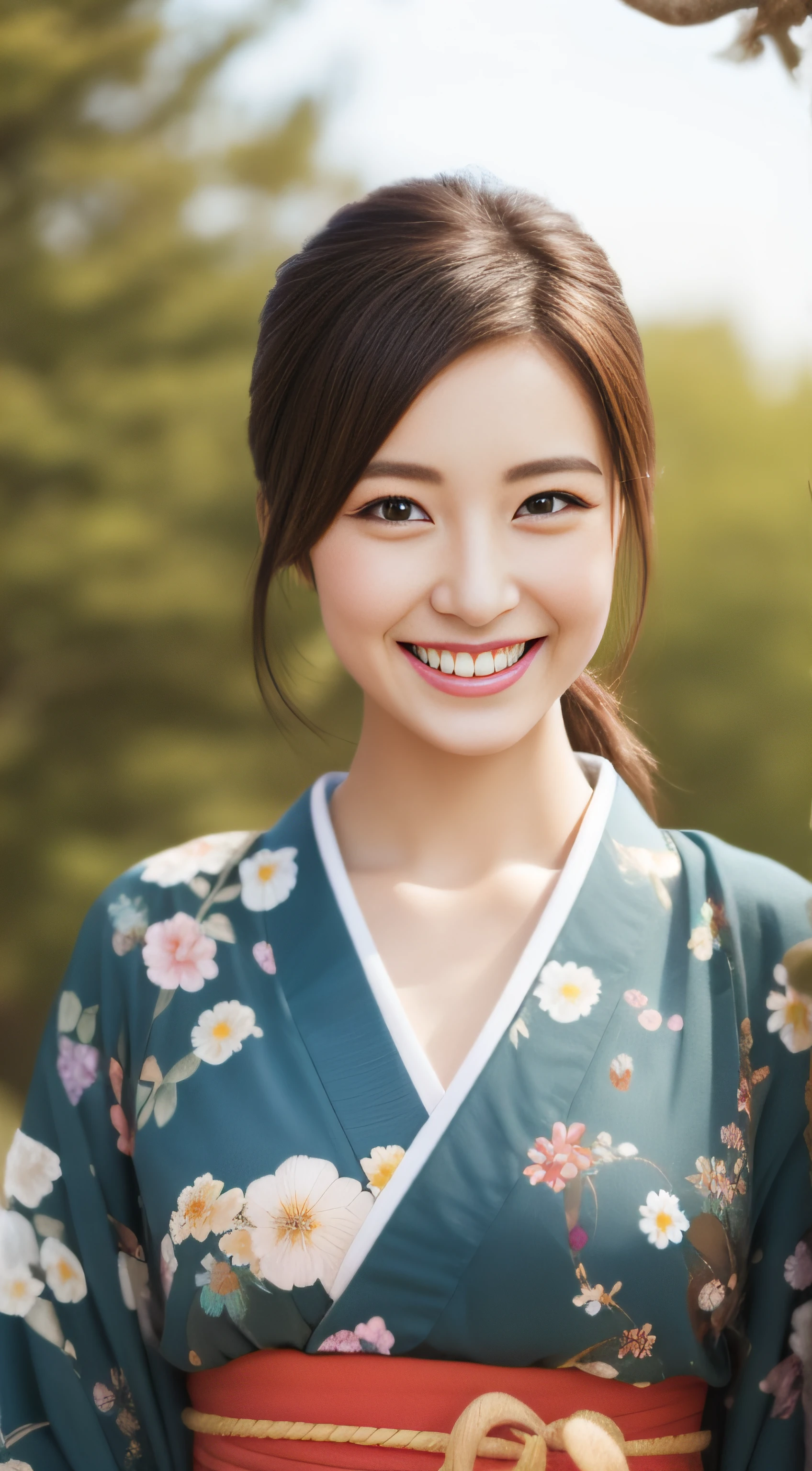The charming face of the hostess、Floral Japan Kimono、hiquality、A hyper-realistic、healthy、Smiling expression、Slender perfect figure、Japan beauties、 perfect eyes beautiful skin、The upper part of the body、shrines