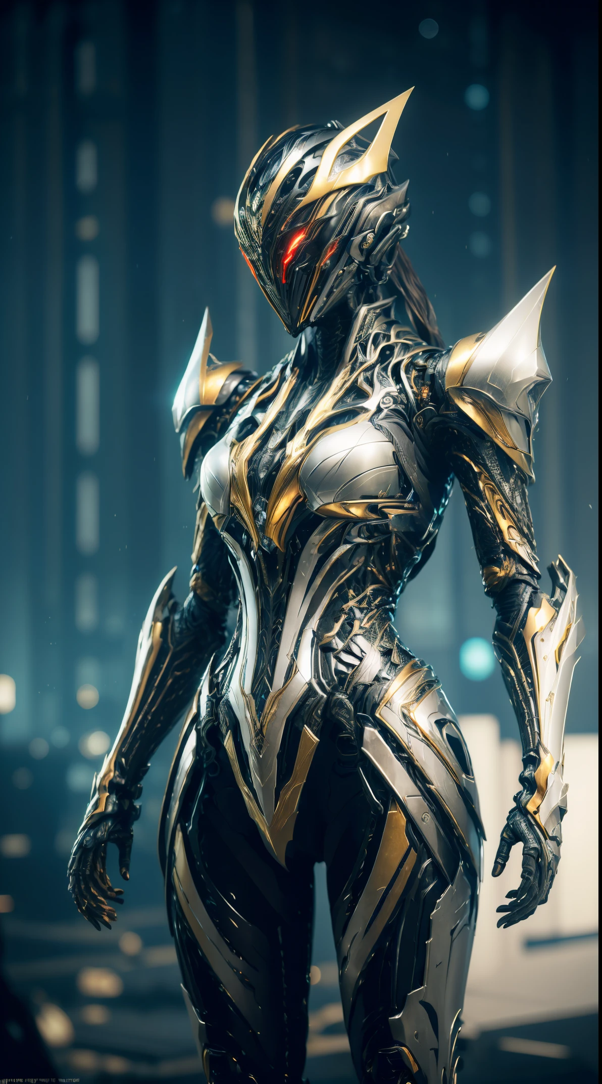 1 japanese girl, WARFRAME, intricate pattern, heavy metal, energy lines, faceless, glowing eyes, elegant, intense, blood red and black uniform, solo, modern, city, streets, dark clouds, thunderstorm, heavy rain, dramatic lightinasterpiece:1.2), best quality, high resolution, beautiful detailed, extremely detailed, perfect lighting,(full body, (dynamic pose), action pose), (rim lighting, studio lighting, distant moon light, night, bloom), (cinematic, best quality, masterpiece, ultra HD textures, highly detailed, hyper realistic, intricate detail, 8k, photorealistic, concept art, matte painting, autodesk maya, vray render, ray tracing, hdr), (dslr, full frame, 16mm focal length, f/8 aperture, dynamic perspective, dynamic angle, golden ratio, wide photography, wide field of view, deep depth of field, zoom out) techwear, urbansamurai 3d, realistic cyborg in a cyberhelmet head