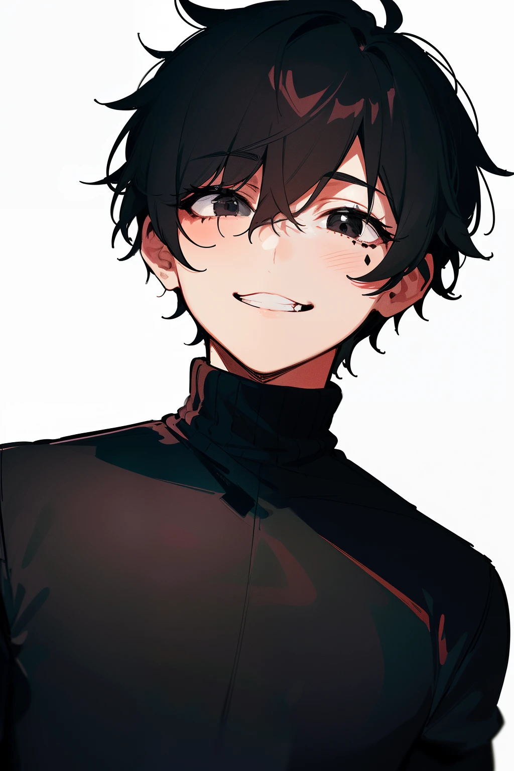 best quality, high resolution, clean background, high contrast, 1 boy, line-drawing, sketch, ((tight medium shot))), white background, clean line drawings, (fringe hairstyle), (naughty face), smile face, (((turtleneck))), (((dark-haired)))), (Mashed Hair), ((black eyescolor:1.5)), white skin,