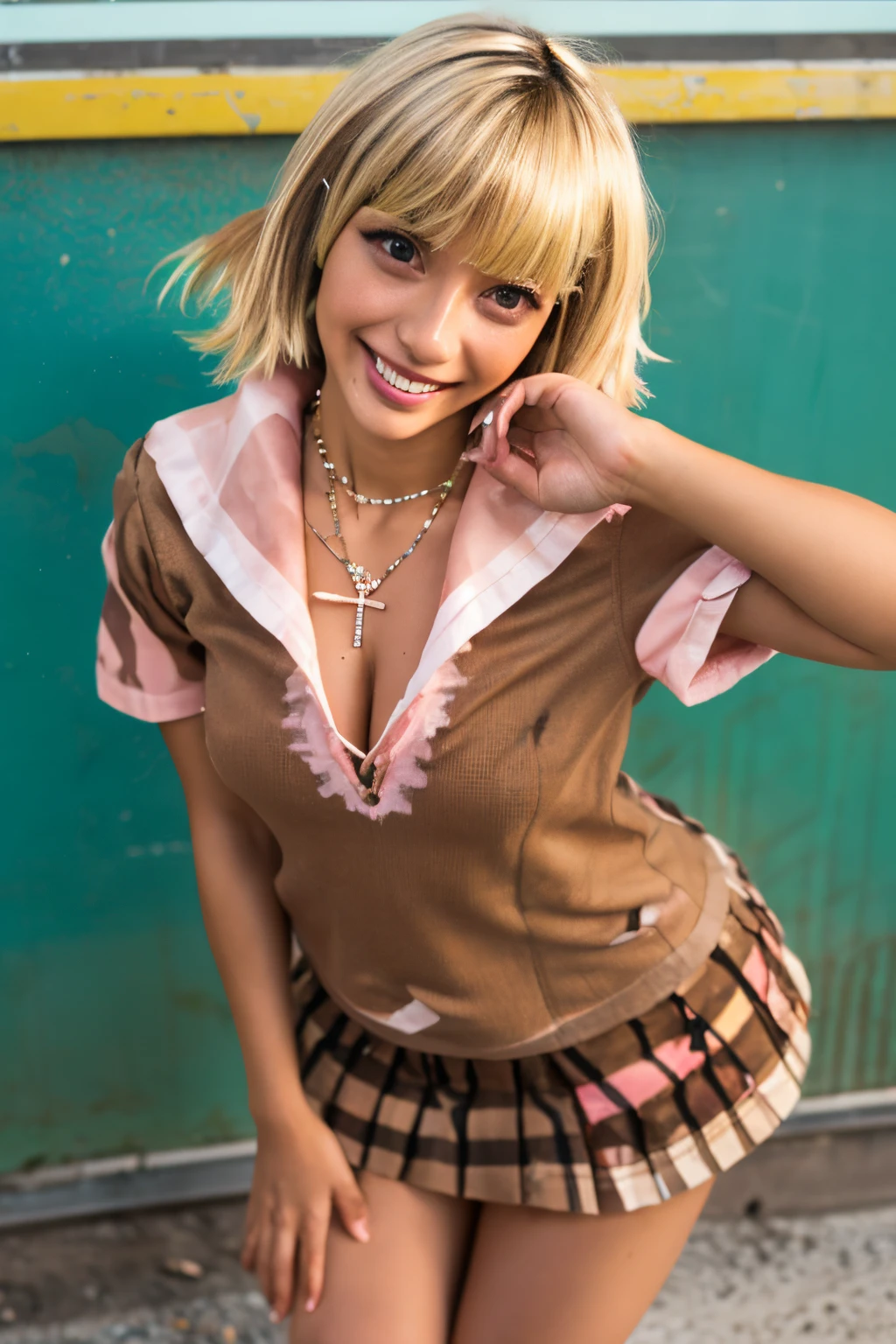 Masterpiece,ultra high res, best quality, photorealistic,
BREAK
(gyaru:2.0),pregnant,(tanned skin:1.5),(blonde short hair:1.5),
heavy makeup,(necklace:1.0),earrings,(pink rip:1.2),(eyeliner:1.2),(eyeshadow:1.2),(long eyelashes:1.2),slender,
symmetric clear eyes,(evil smile:1.2),(smirk:1.5),(tongue licking:1.2),(raise your chin:1.0),(looking at viewer:1.3),Long Nails,(show off your belly:1.0),cleavage,thigh,
(school uniform:1.5),shirt,pleated mini skirt,open clothes,
BREAK
(dynamic pose:1.5),dynamic angle,standing in honor,
