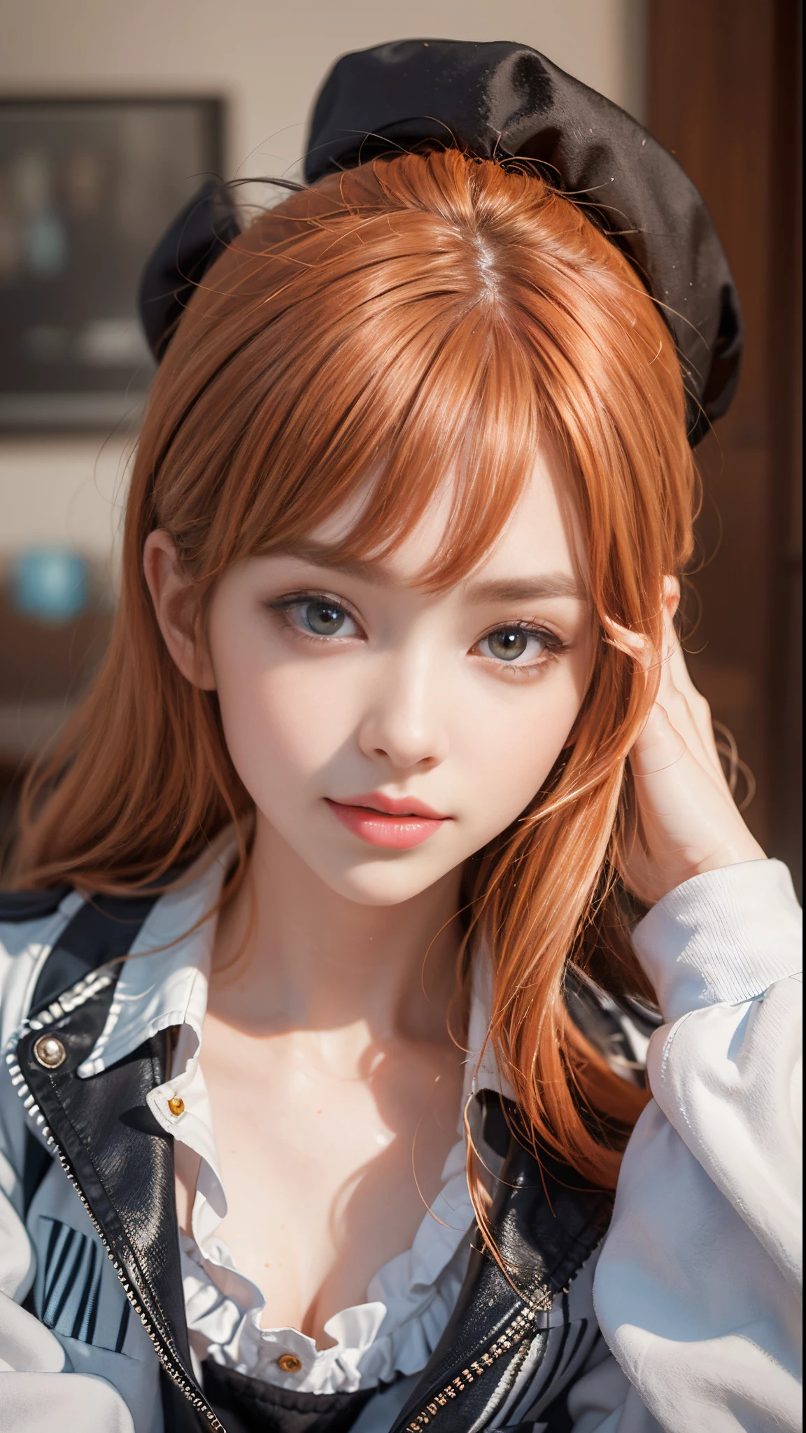 ((Beauty like a model)), masterpiece, The highest image quality, ultra-detailliert, (perfectbody:1.5), (Perfect face+Bangs aligned above the eyebrows+orange color hair), Close up of, Viewer's Perspective, Kamimei,Sanpaku eyes,detailed hairs、Detailed eyes(realisticeyes),profetional lighting,middle-breasted eye rack suit,white shirt,((Shiny hair)),slenderbody, Lady,About 28 years old,glamor,kindly smile,Half Girl,Lashes,