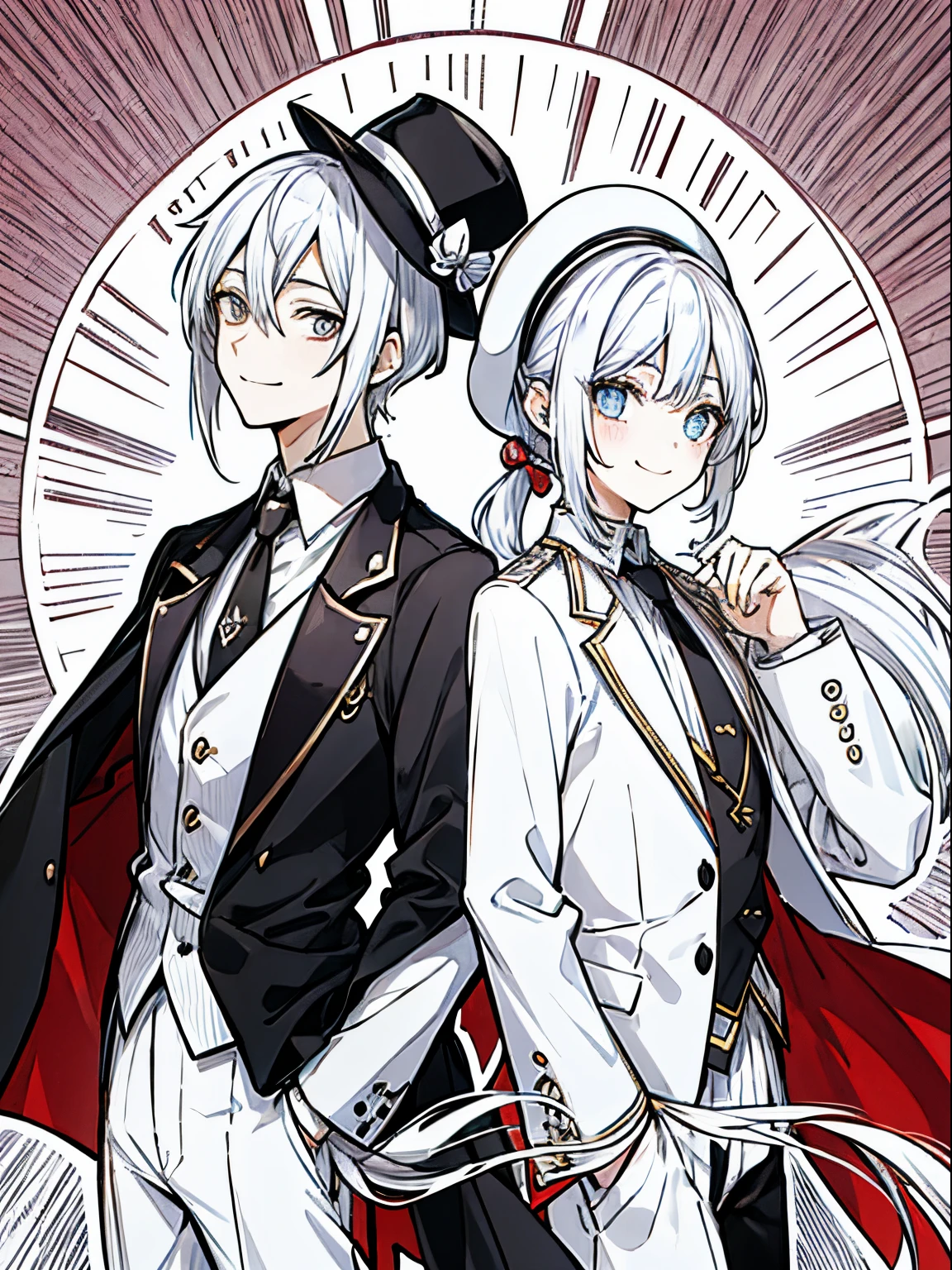 (masutepiece)(high-detail)male in his 20s、One、white hair、poneyTail、tailcoat、neck tie、Hats、Smile