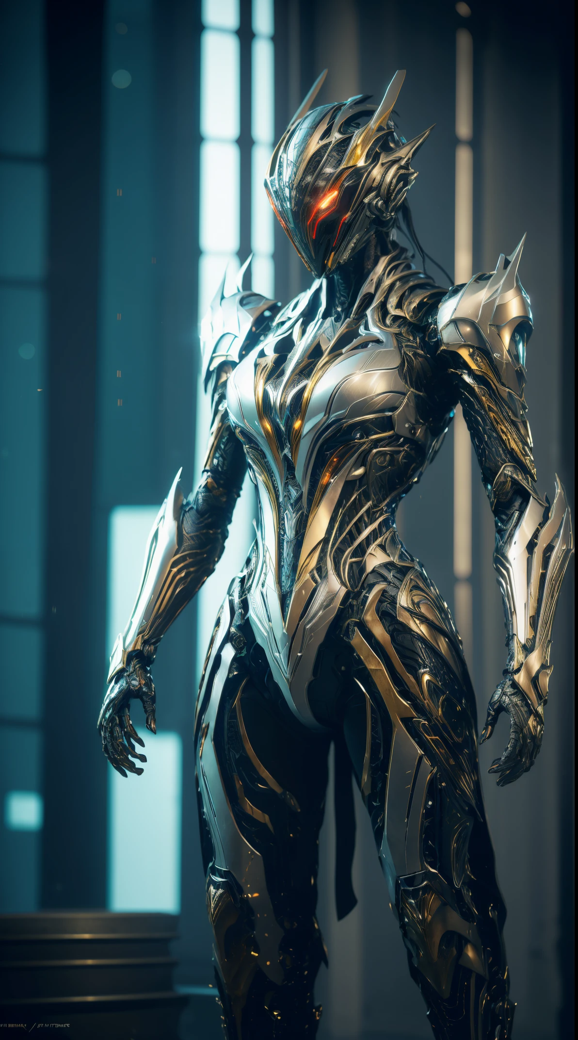 1 japanese girl, WARFRAME, intricate pattern, heavy metal, energy lines, faceless, glowing eyes, elegant, intense, blood red and black uniform, solo, modern, city, streets, dark clouds, thunderstorm, heavy rain, dramatic lightinasterpiece:1.2), best quality, high resolution, beautiful detailed, extremely detailed, perfect lighting,(full body, (dynamic pose), action pose), (rim lighting, studio lighting, distant moon light, night, bloom), (cinematic, best quality, masterpiece, ultra HD textures, highly detailed, hyper realistic, intricate detail, 8k, photorealistic, concept art, matte painting, autodesk maya, vray render, ray tracing, hdr), (dslr, full frame, 16mm focal length, f/8 aperture, dynamic perspective, dynamic angle, golden ratio, wide photography, wide field of view, deep depth of field, zoom out) techwear, urbansamurai 3d, realistic cyborg in a cyberhelmet head