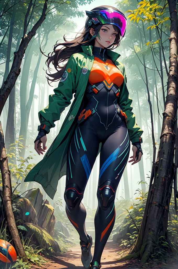 Female woman, ninja assassin wearing Cyberhelmet with iridescent color-changing properties, (Mandarin Jacket:1.2), (tight full bodysuit:1.1), (Forest Glade,Skyward Blue color background:1.3),