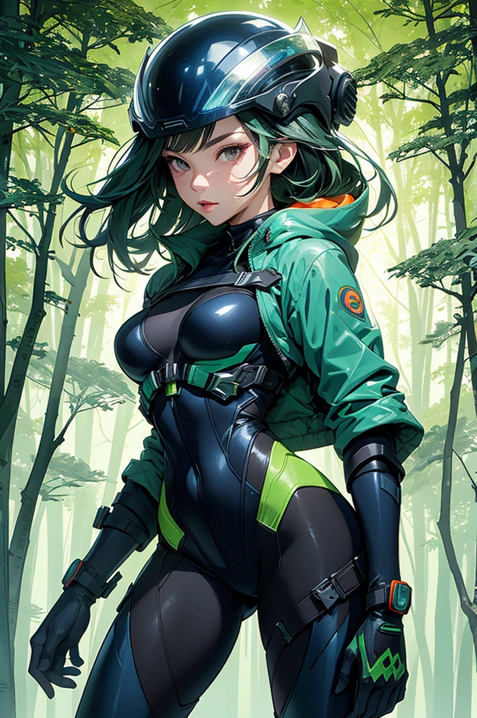 Female woman, ninja assassin wearing Cyberhelmet with iridescent color-changing properties, (Mandarin Jacket:1.2), (tight full bodysuit:1.1), (Forest Glade,Skyward Blue color background:1.3),