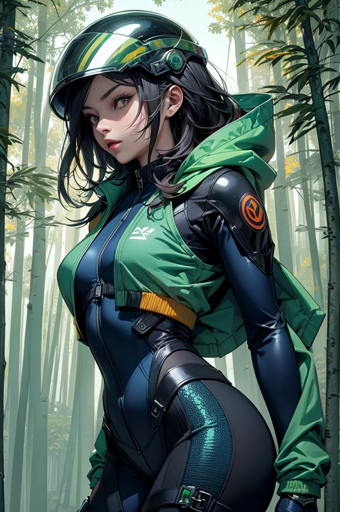 Female woman, ninja assassin wearing Cyberhelmet with iridescent color-changing properties, (Mandarin Jacket:1.2), (tight full bodysuit:1.1), (Forest Glade,Skyward Blue color background:1.3),