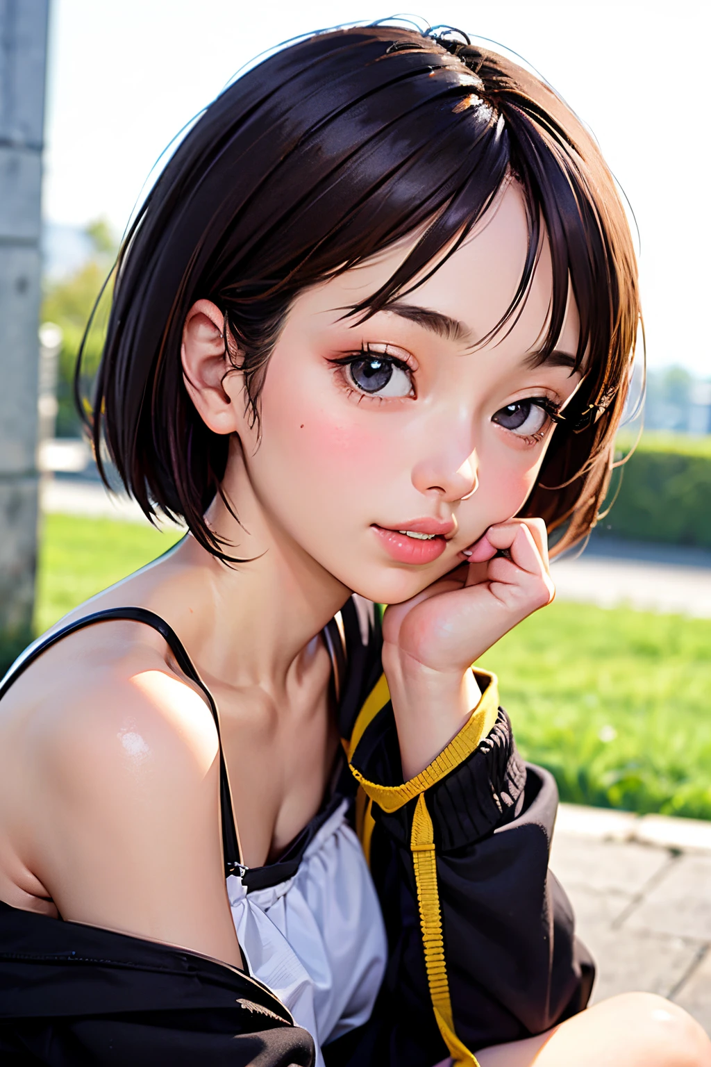 masterpiece, best quality, 1girl, solo, K-NANAMI, ((20yo, japanese face, japanese Actress)), short hair, black hair, black eyes, blue jacket, black gym-wear, (No expression), sitting, outdoors, sitting on a bench, ((upper body, face focus, face close-up)), smile, teeth,