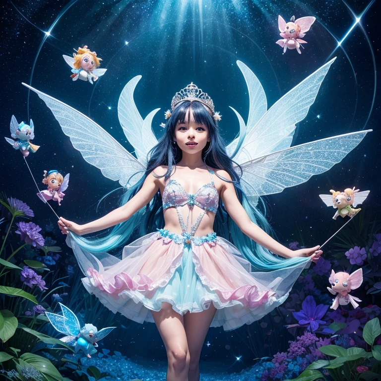 "Amidst the kaleidoscopic grove, Bluemo, a whimsical creature with sapphire-hued fur that shimmers in the magical glow, stands at the heart of the enchanting scene. Bluemo's azure eyes reflect the brilliance of the vibrant colors, and a crown of ethereal crystals adorns his head. His tail, a cascade of silvery wisps, weaves through the air, leaving trails of sparkling magic as he reaches for a kaleidoscope from the trees. The Candy Fairies, petite beings with wings crafted from spun sugar, flutter gracefully around Bluemo. Each fairy dons a unique confectionary gown, adorned with glistening candy crystals that catch and refract the kaleidoscopic glow. Their laughter, chiming like delicate wind chimes, harmonizes with Bluemo's movements. Trails of enchanted candy dust follow the fairies, leaving behind a sweet fragrance that lingers in the air. As Bluemo indulges in the kaleidoscopic feast, the fairies perform a dance in joyful celebration, their presence weaving a delightful spell throughout the whimsical grove."