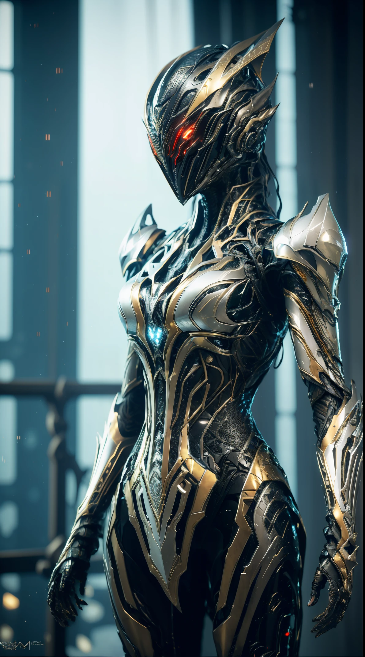 1 japanese girl, WARFRAME, intricate pattern, heavy metal, energy lines, faceless, glowing eyes, elegant, intense, blood red and black uniform, solo, modern, city, streets, dark clouds, thunderstorm, heavy rain, dramatic lightinasterpiece:1.2), best quality, high resolution, beautiful detailed, extremely detailed, perfect lighting,(full body, (dynamic pose), action pose), (rim lighting, studio lighting, distant moon light, night, bloom), (cinematic, best quality, masterpiece, ultra HD textures, highly detailed, hyper realistic, intricate detail, 8k, photorealistic, concept art, matte painting, autodesk maya, vray render, ray tracing, hdr), (dslr, full frame, 16mm focal length, f/8 aperture, dynamic perspective, dynamic angle, golden ratio, wide photography, wide field of view, deep depth of field, zoom out) techwear, urbansamurai 3d, realistic cyborg in a cyberhelmet head