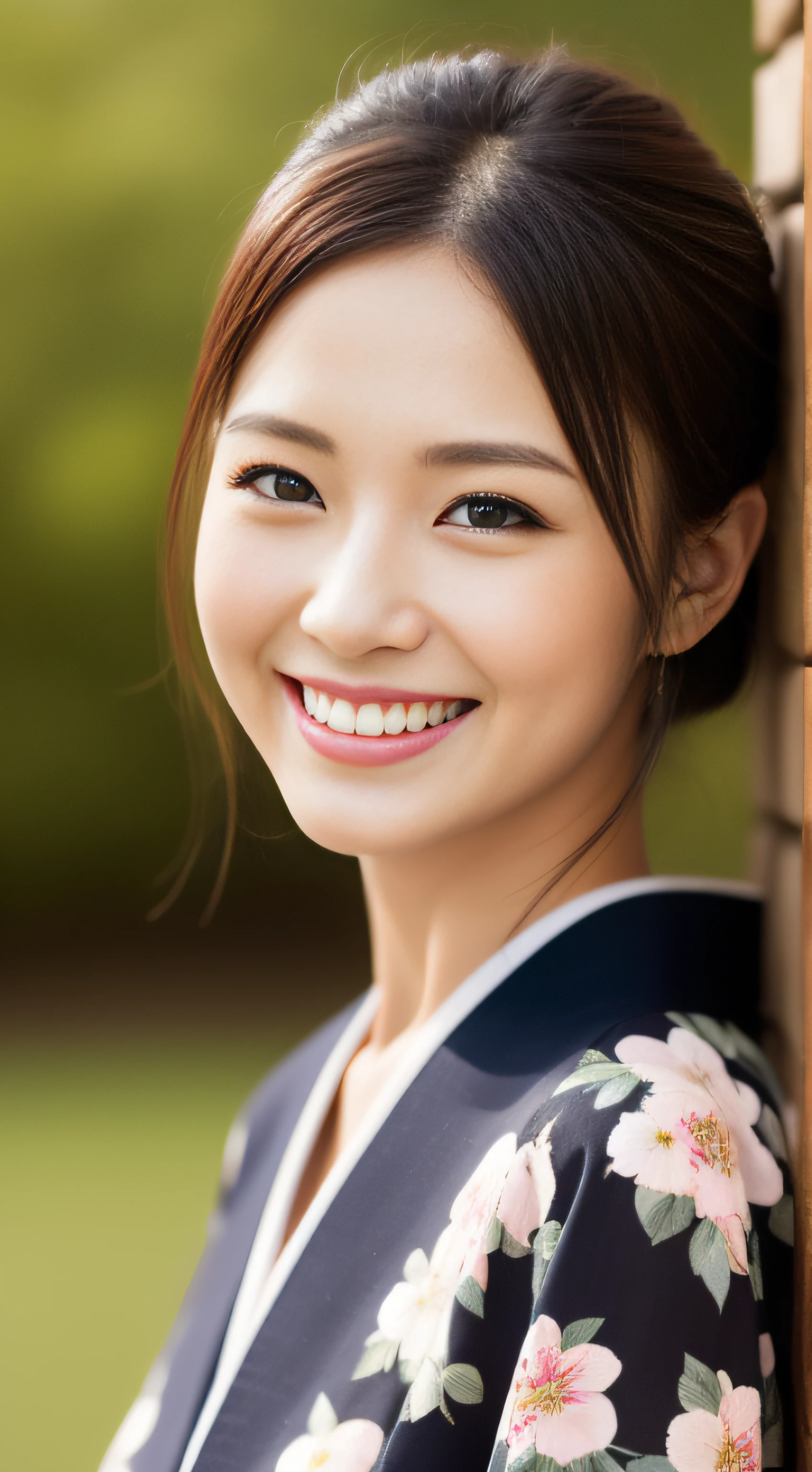 The cute face of the landlady、Floral Japan Kimono、hiquality、A hyper-realistic、healthy、Smiling expression、Slender perfect figure、Japan beauties、 perfect eyes beautiful skin、The upper part of the body、shrines