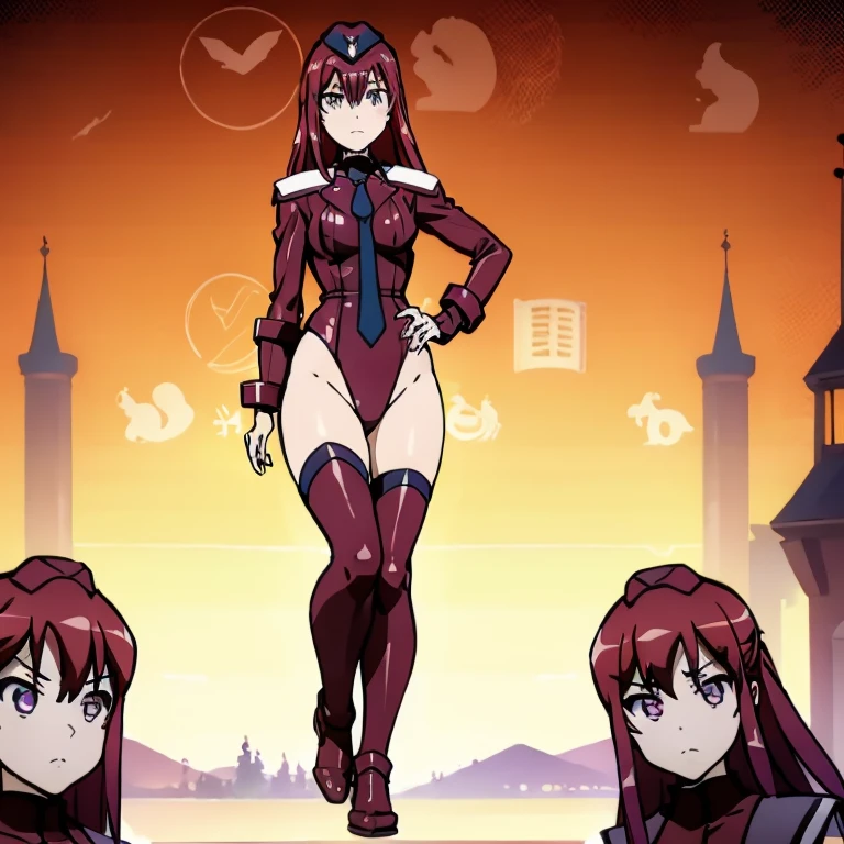 ultra-detailed, Explicit, Beautiful body, Beautiful Nose, Beautiful character design, perfect eyes, perfect face, ultra highres, 4K, beautiful legs, perfect legs, Nice hands, Perfect hand, Masterpiece, Best Quality, Highly detailed, illustration, absurdres, street fighter, doll suit, shadaloo doll, dollsuit, girls, multiple girls, expressionless, blank eyes, looking at viewer, red gloves, emotionless, black latex, corrution, mind control, female combatant, full body, hypnotized, unhappy trance, full body suit, ribbed bodysuit, both arms at side, stand up straight, obey, perfect female body, extremely glossy latex, hypnosis, hypnoLora, empty eyes, Mind control device, poses, brainwashed, submissive_pose, Slave, hat, necktie, stand up straight, standing, standing at attention, belt, extending the right arm from the shoulder into the air with a straightened hand,  saluting, military, military saluting, salute, right hand saluting, left hand at side, latex, garter belt, thighhighs, Tomoyo Kanzaki, Battle Within Everyday Life, red hair, medium hair, Tomoyo Kanzaki, purple eyes, hair ornament, star(symbol),  CammyAlt2, peaked cap, cape, red leotard