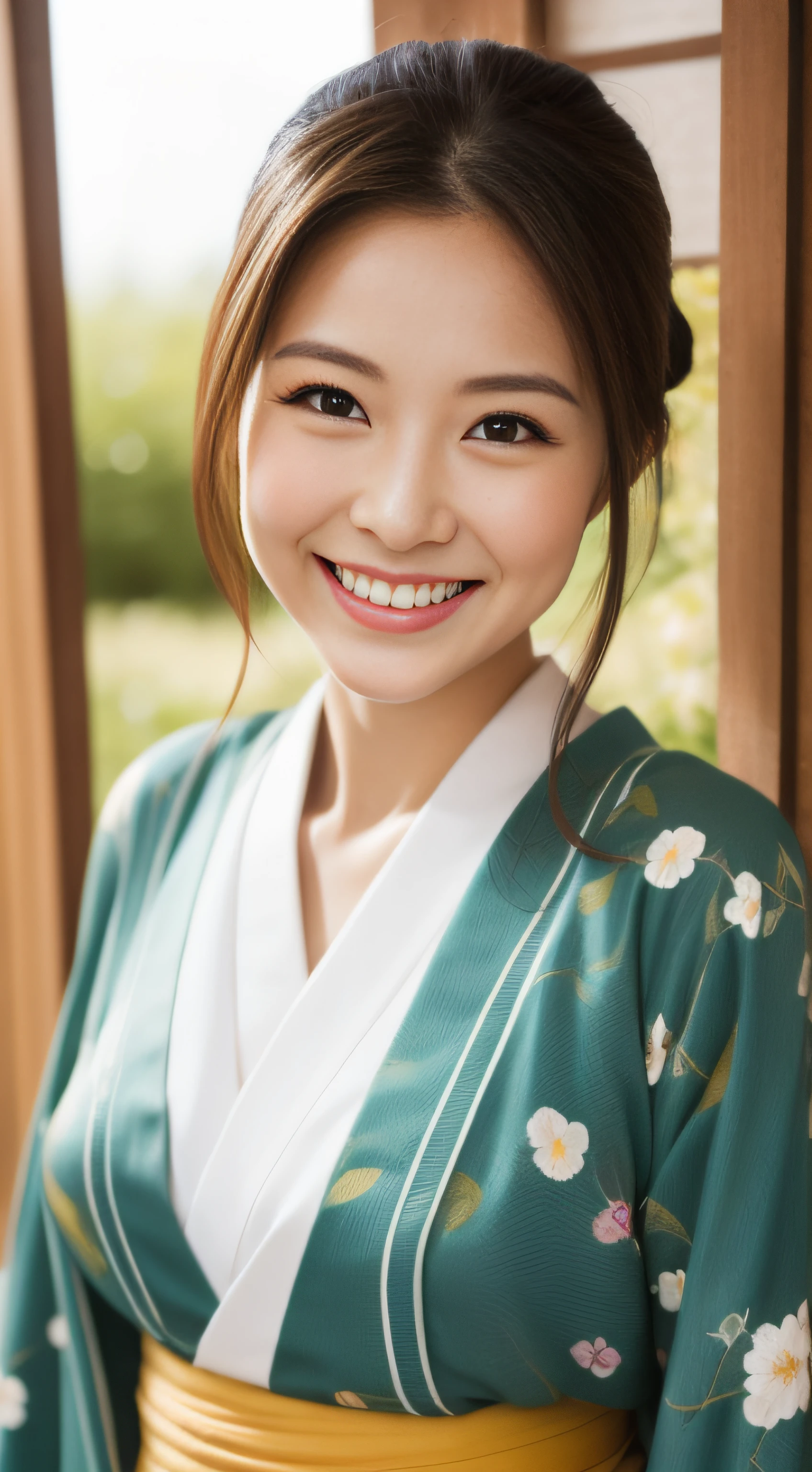 The cute face of the landlady、Floral Japan Kimono、hiquality、A hyper-realistic、healthy、Smiling expression、Slender perfect figure、Japan beauties、 perfect eyes beautiful skin、The upper part of the body、shrines