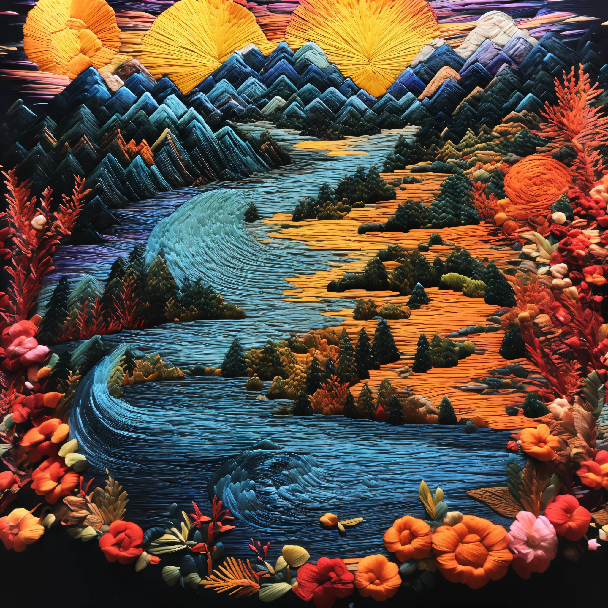 Best quality,tmasterpiece,超高分辨率,(Shoot real:1.4),Movie Angle,(sunaiyun,mountain ranges,ln the forest,rios,chinesedragon),(embroidery,quilted embroidery,Su Embroidery),(plethora of colorest quality,high detal,tmasterpiece,Cinematic lighting effects,4K,Chiaroscuro),Embroidery