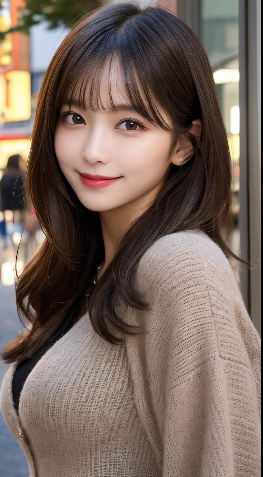 masutepiece, Best Quality, Illustration, Ultra-detailed, finely detail, hight resolution, 8K Wallpaper, Perfect dynamic composition, Beautiful detailed eyes, tokyo fashion(Winter clothes),Medium Hair,Small breasts natural color lip, Bold sexy poses,Smile,Harajuku、20 years girl、Cute、Sexy shot looking at camera