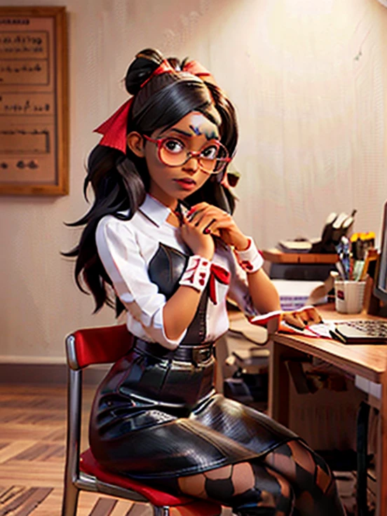 a young black woman, with dark eyes, glasses, long black hair, with her hands pressed against her face, red lips stretched out, nails painted red with a ribbon across her right shoulder, sitting in the office. high quality image