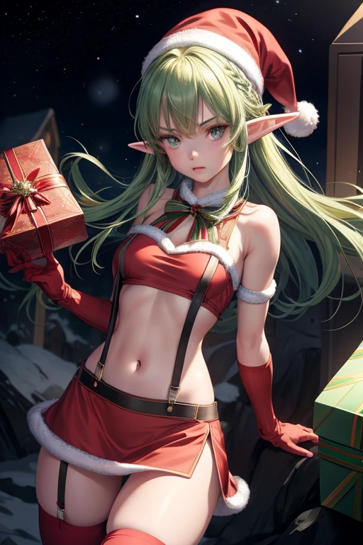 masterpiece, best quality, 1girl, glowingveins, red theme, glowing veins defTifa, white crop top, elbow pad, fingerless gloves, suspenders, pencil skirt, black socks, glowing eyes, night sky, looking at viewer, furrowed brow, fighting stance, fists(masterpiece, best quality:1.2), (photorealistic:1.2), (soft light, diffused lighting), official art, (christmas style:1.2), 1elf, from above, (elf (inside) gift box, (within) box, packed in box:1.4), looking at viewer, green hair, medium breasts, (realistic skin texture:1.2), nude, santa clause hat, gift bow, red green striped thighhighs, red panties, (wrapped in red ribbon:1.2), (arms behind back:1.3),