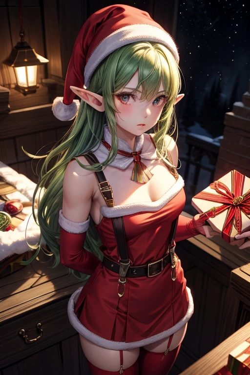 ((best quality)), ((masterpiece)), (detailed), 4k, green skin, pointy ears, goblin girl, cute, innocent, naive, absurdres, soft skin, wearing leaf bikini, holding a large present, surprised expression, receiving a gift, holding a large birthday present, looking at present in hands, has a birthday present in her hands, medium breasts, has a birthday present in her hands, happy, long messy green hair