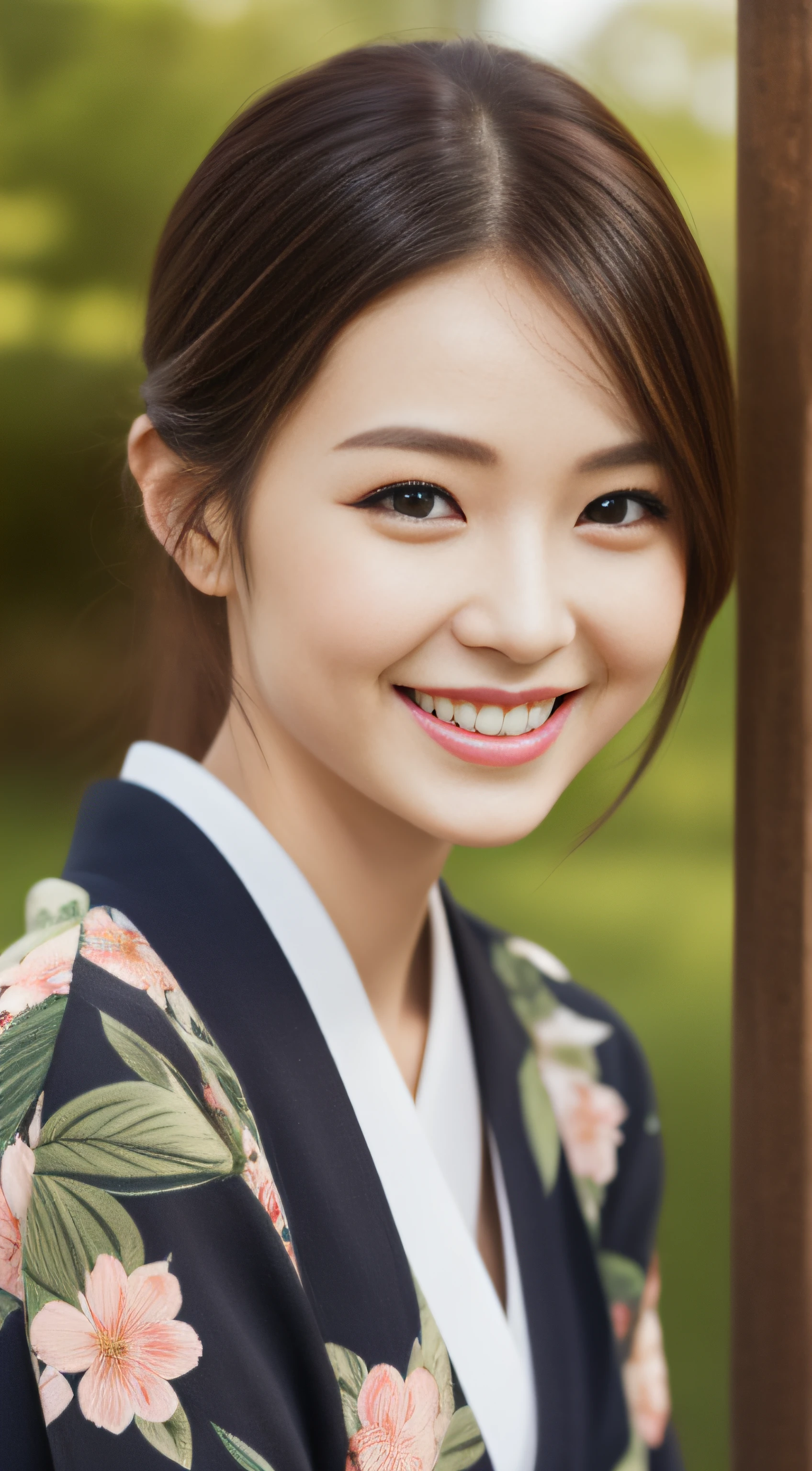 The cute face of the landlady、Floral Japan Kimono、hiquality、A hyper-realistic、healthy、Smiling expression、Slender perfect figure、Japan beauties、 perfect eyes beautiful skin、The upper part of the body、shrines