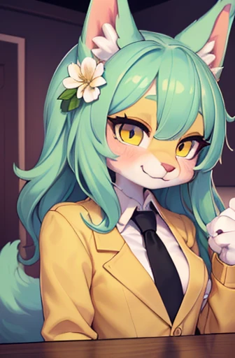 beautiful (wolf girl), (small breasts), ((detailed features)), ((detailed fingers, precise fingers,)) (((not unnatural hands))), natural pose, illustration, vibrant colours, apartment interior, 1 girl, solo, ((mint green coloured poofy hair)), flower hair ornament, beautiful (glowing) yellow eyes, (wearing a white jacket with golden trims and detailing), (((black button up))), ((golden necktie)) , ((furry knotted cock))), blush smug