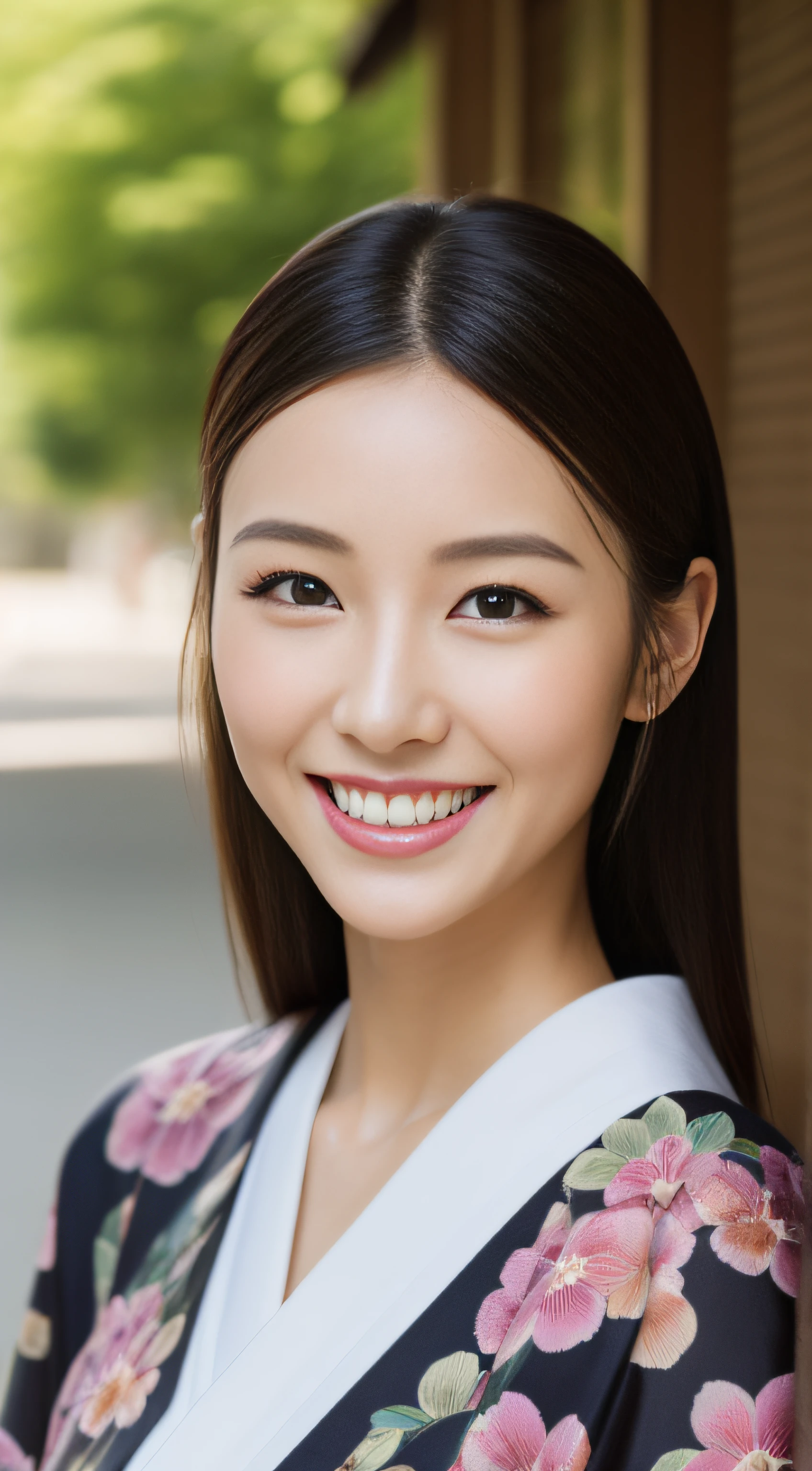 The sharp face of the hostess、Floral Japan Kimono、hiquality、A hyper-realistic、healthy、Smiling expression、Slender perfect figure、Japan beauties、 perfect eyes beautiful skin、The upper part of the body、shrines