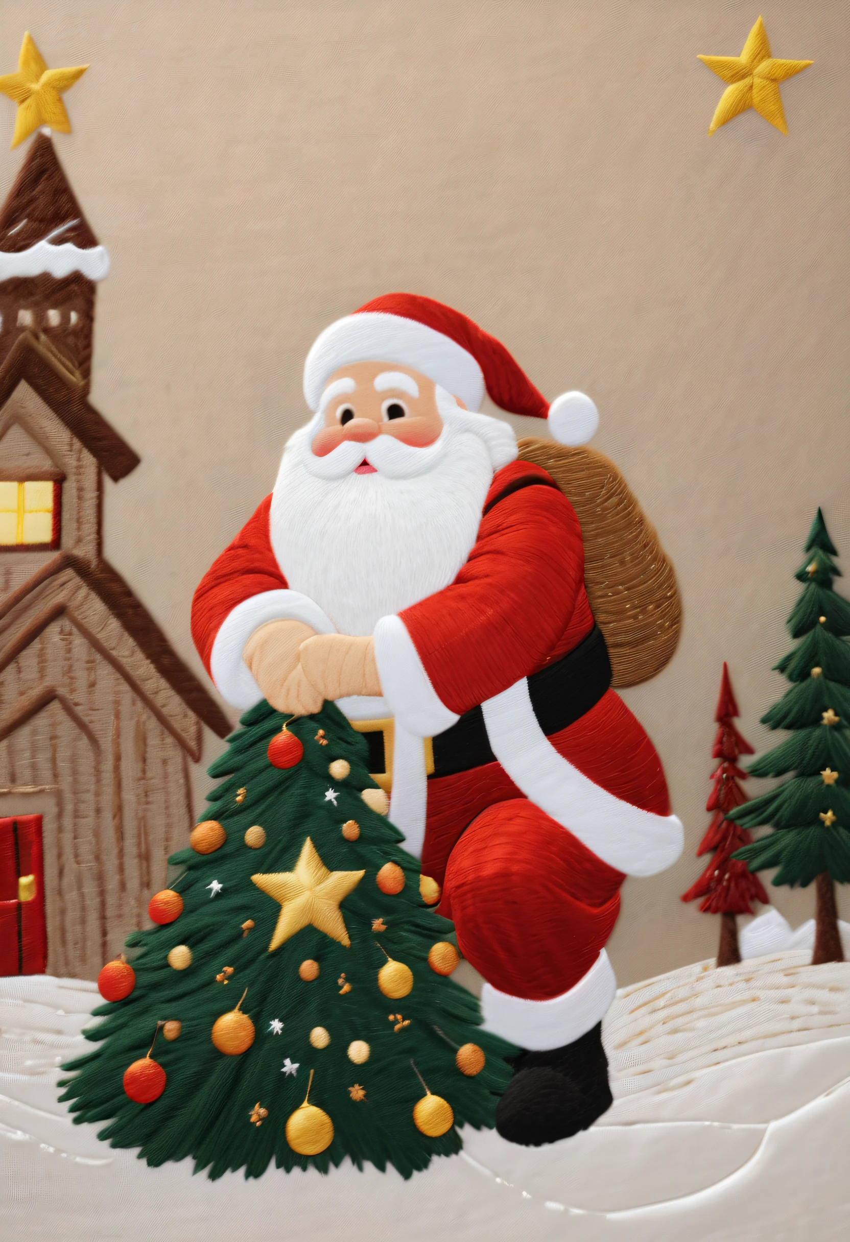 Best quality at best，tmasterpiece，超高分辨率，（Realphotos：1.4），（Embroidery Christmas on silk，santa，gifts，Christmas tree，starlights，pedestrians），（embroidery，punch needlepoint，Embroidery），（Too much color quality，high detal，tmasterpiece，movie light effect，4K，lightand shade contrast）