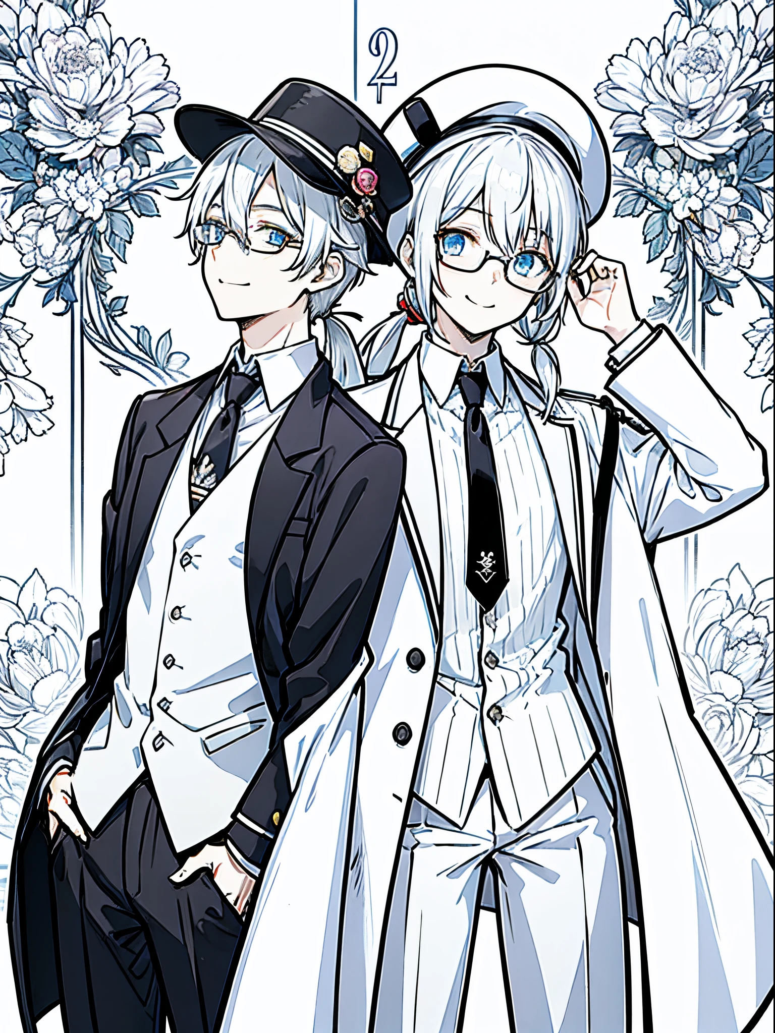 （masutepiece）（high-detail）male in his 20s、One、white  hair、poneyTail、tailcoat、neck tie、Hats、wears rimless glasses、Smile