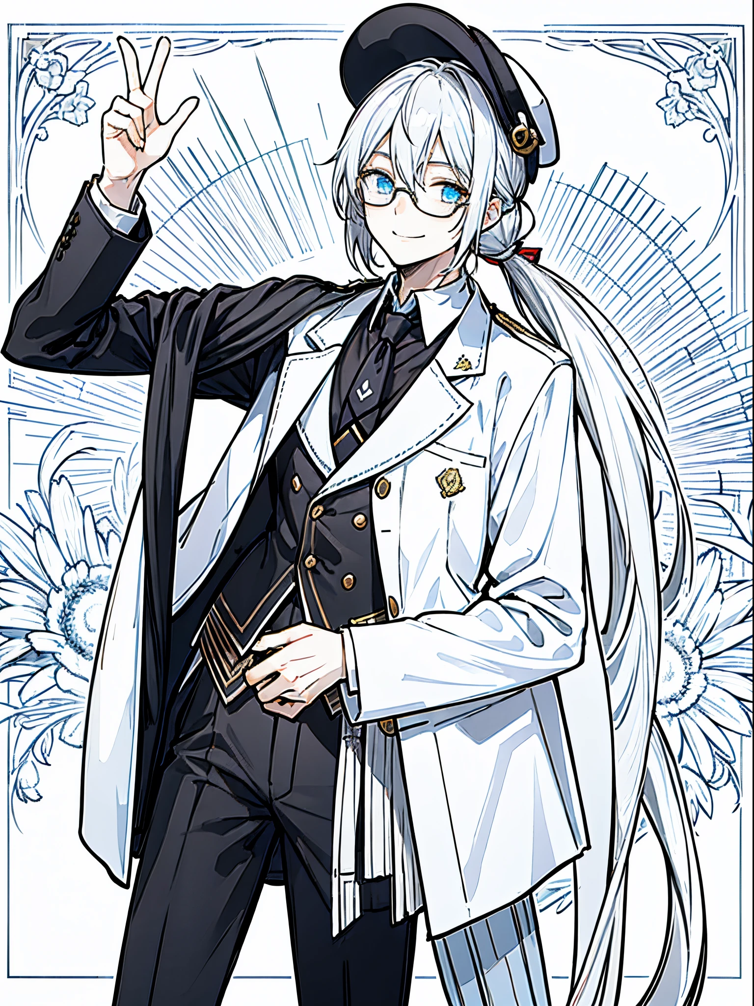 (masutepiece)(high-detail)male in his 20s、One、white hair、poneyTail、tailcoat、neck tie、Hats、wears rimless glasses、Smile