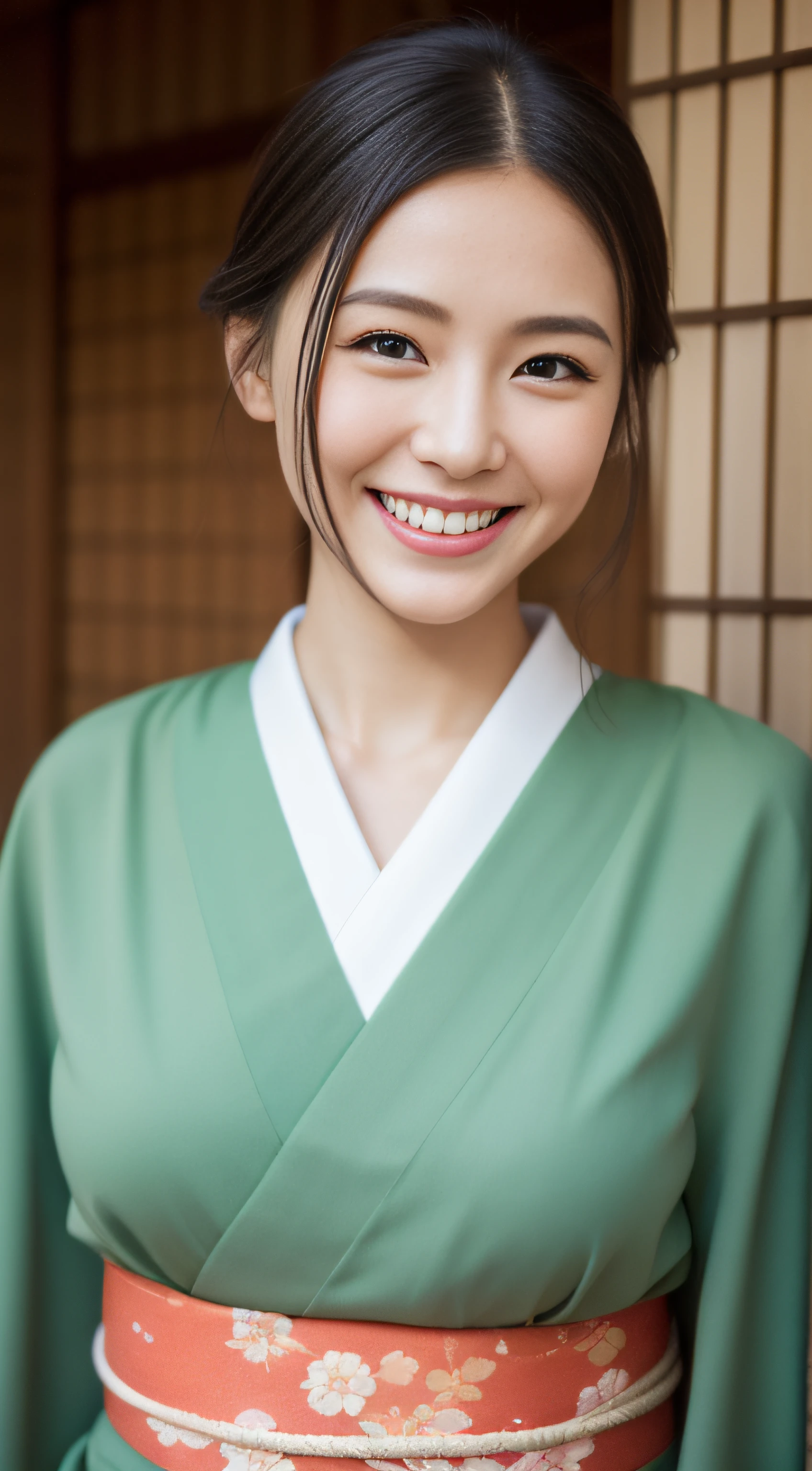 The sharp face of the hostess、Floral Japan Kimono、hiquality、A hyper-realistic、healthy、Smiling expression、Slender perfect figure、Japan beauties、 perfect eyes beautiful skin、The upper part of the body、shrines