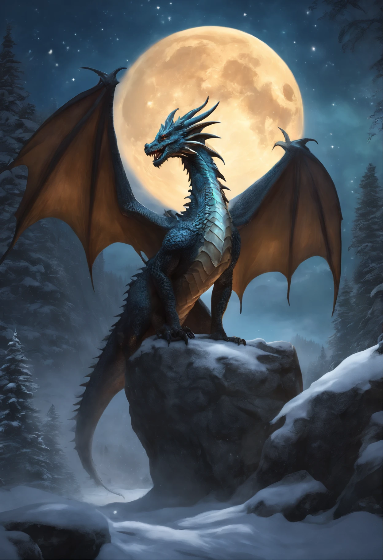 dragon sits on a stone among the snow, holding a glowing moon in your mouth, flaps its wings, Static movement, The stars are shining, realistic fantasy illustration, dragon art, D&d Commission Art Dragon, anthro dragon art, European Dragon, Portrait of a Dragon, Tarragon Vore Art, Anthropomorphic dragon, Ultraterrestrial Dragons, Fantasy role-playing game, book illustration, Do Not Disturb Card Case