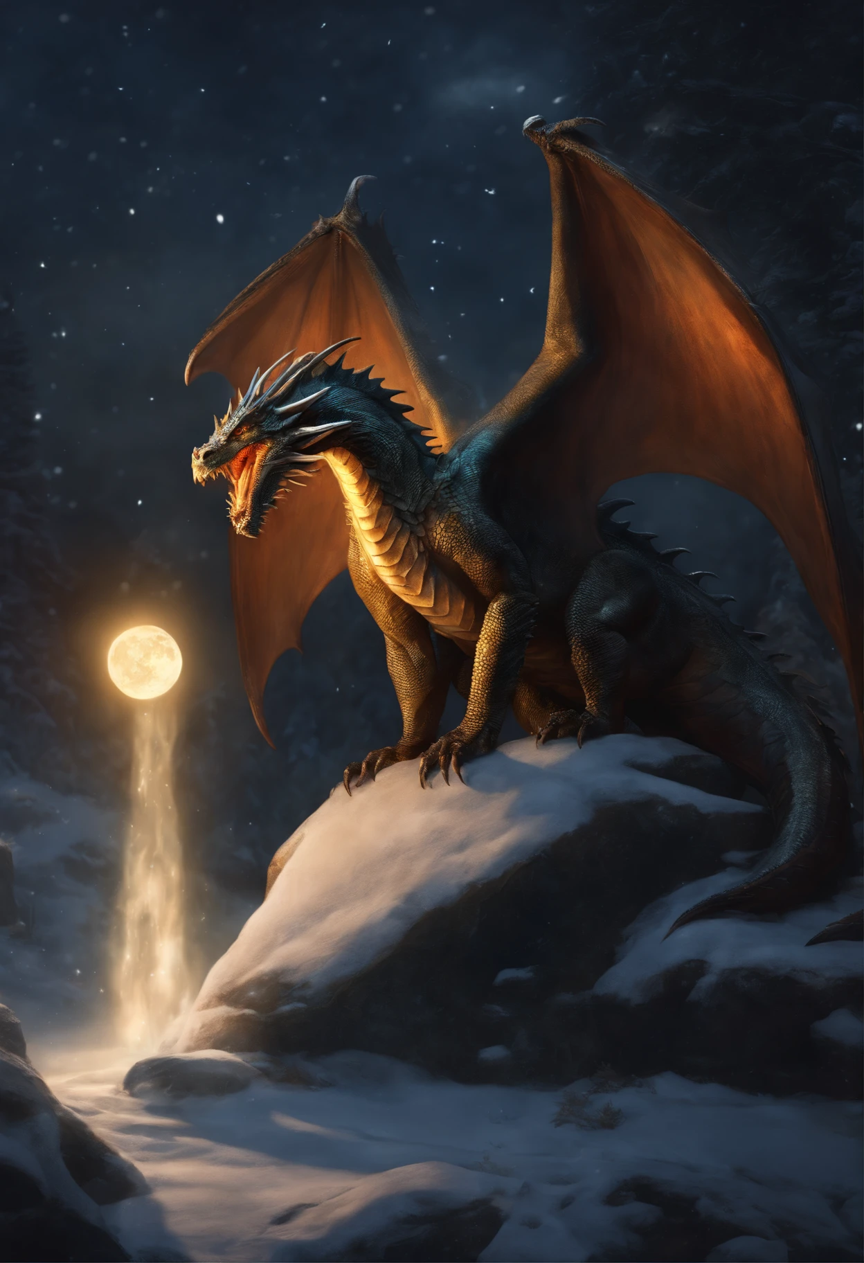 dragon sits on a stone among the snow, holding a glowing moon in your mouth, flaps its wings, Static movement, The stars are shining, realistic fantasy illustration, dragon art, D&d Commission Art Dragon, anthro dragon art, European Dragon, Portrait of a Dragon, Tarragon Vore Art, Anthropomorphic dragon, Ultraterrestrial Dragons, Fantasy role-playing game, book illustration, Do Not Disturb Card Case