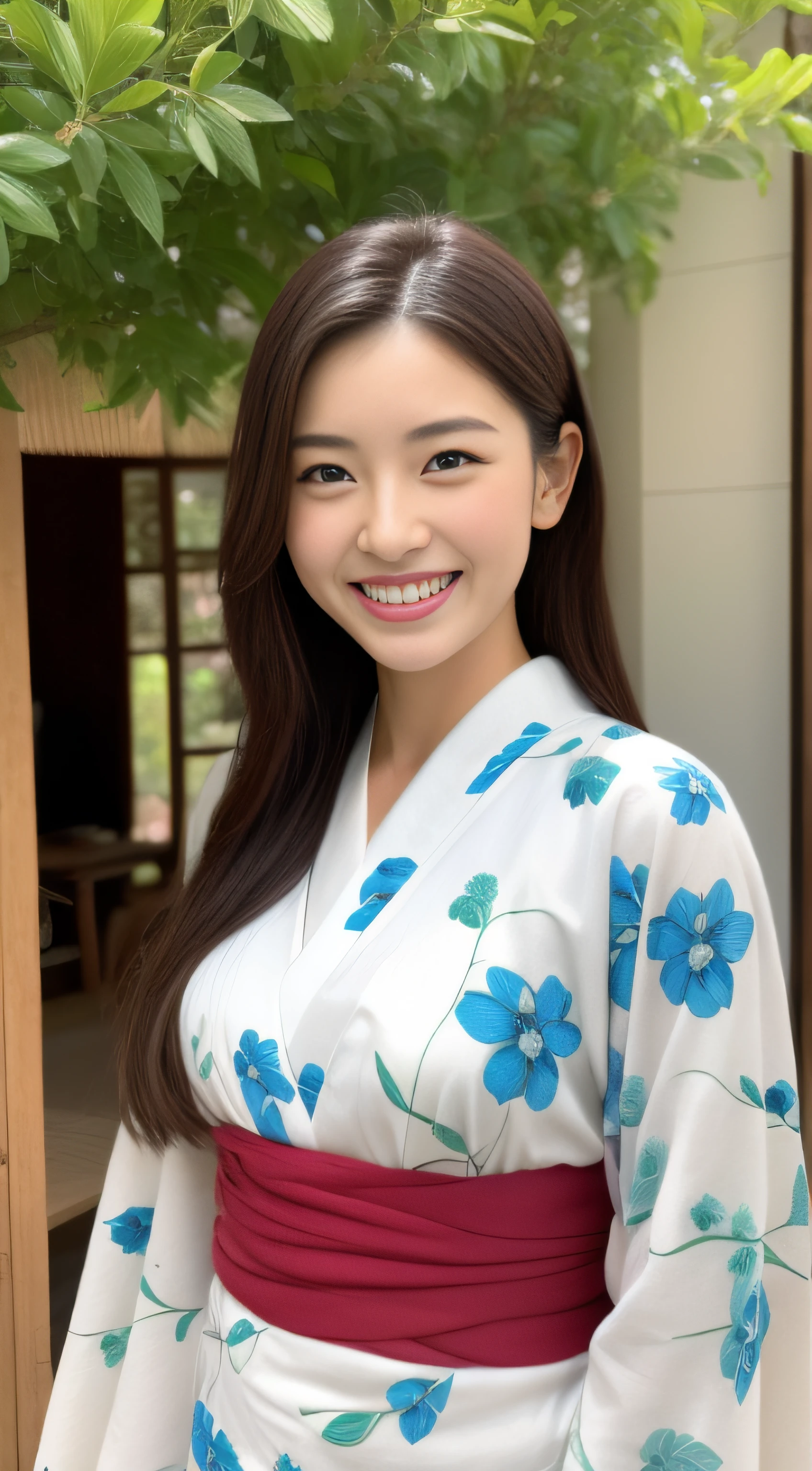 The sharp face of the hostess、Floral Japan Kimono、hiquality、A hyper-realistic、healthy、Smiling expression、Slender perfect figure、Japan beauties、 perfect eyes beautiful skin、The upper part of the body、shrines