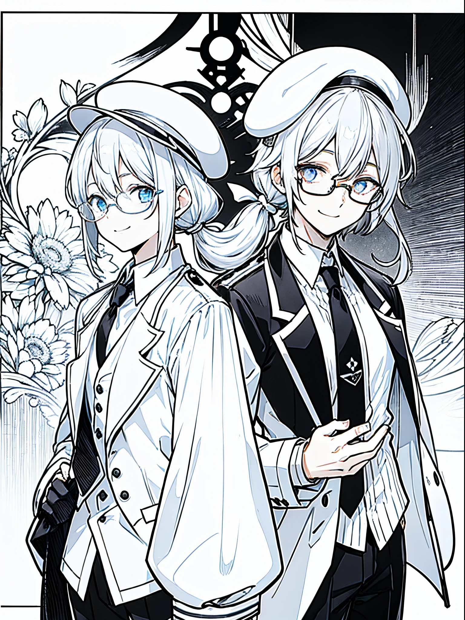 （masutepiece）（high-detail）male in his 20s、One、white  hair、poneyTail、tailcoat、neck tie、Hats、wears rimless glasses、Smile