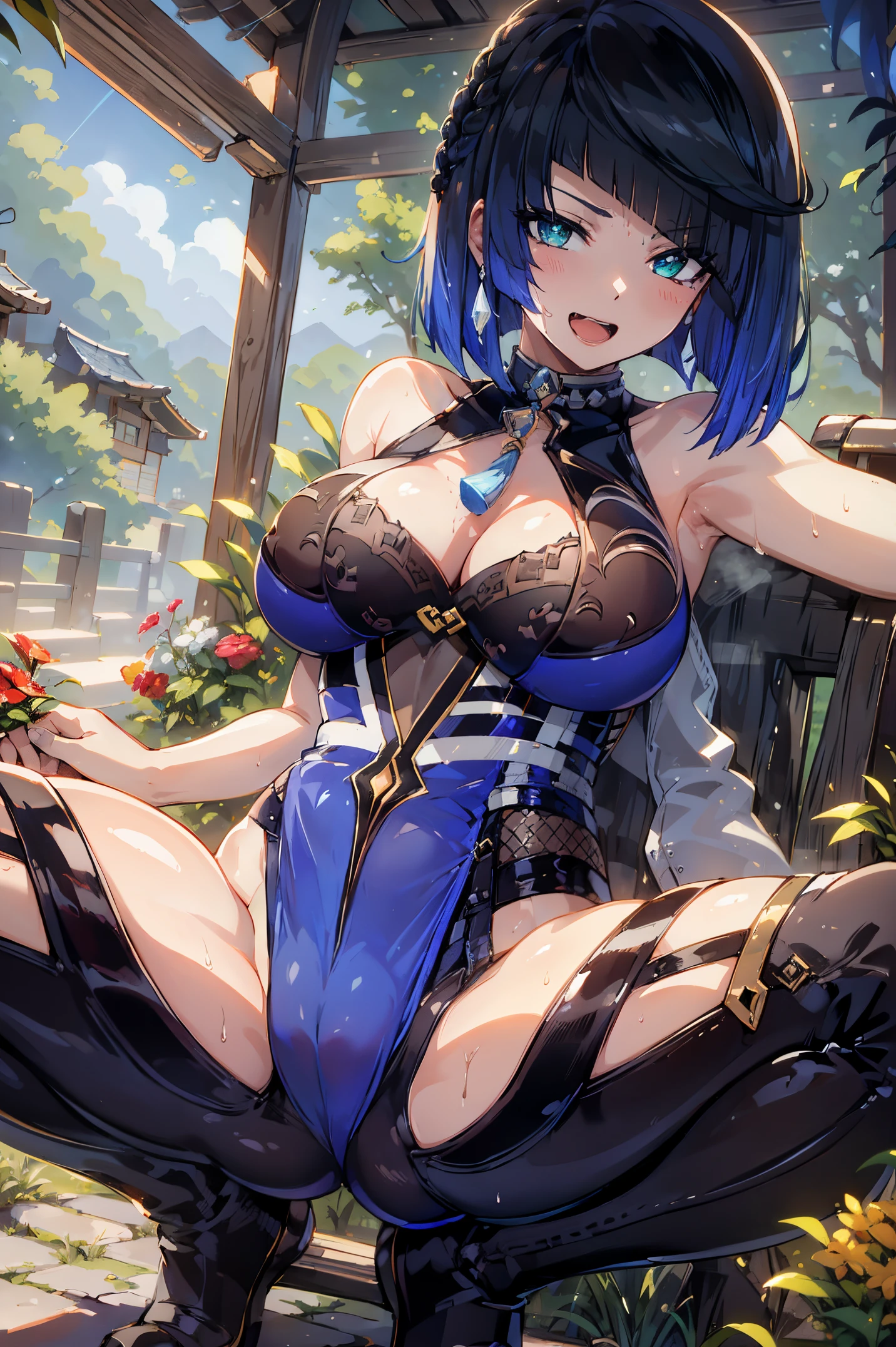 ((Highly detailed)), GenshinImpact ((yelan)), soft illumination, Perfect human hands,woman in relaxed pose)) , Super perfect body curve, masutepiece, 4K, Detailed mid-chest, Perfect face, (20 years old) , Fit Figure, Gorgeous perfect face, Happy expression, Open mouth, Realistic style and ultra-detailed rendering, superrealism, Ultra-realistic oil, Contour Shadow Procesull Body Portrait)), holding a bow with both hands,full of sweat,streaks,Open your legs,Opening legs,full nelson,sit in a squatting position