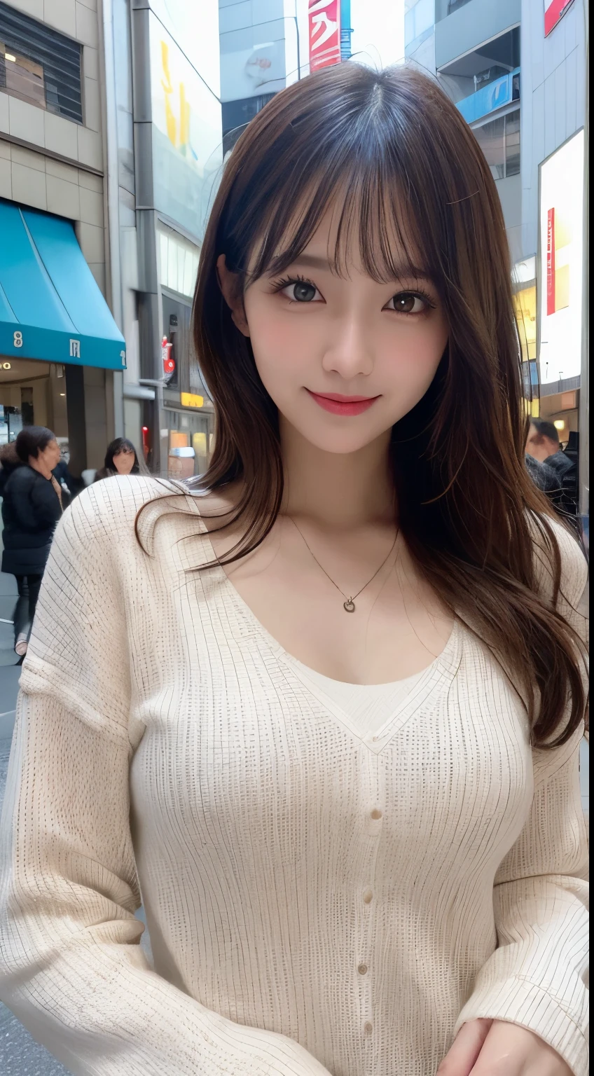 masutepiece, Best Quality, Illustration, Ultra-detailed, finely detail, hight resolution, 8K Wallpaper, Perfect dynamic composition, Beautiful detailed eyes, Tokyo ladies winter fashion,Medium Hair,Small natural color lip, Bold sexy po,Smile,Harajuku、20 years girl、Cute、Sexy shot king at camera