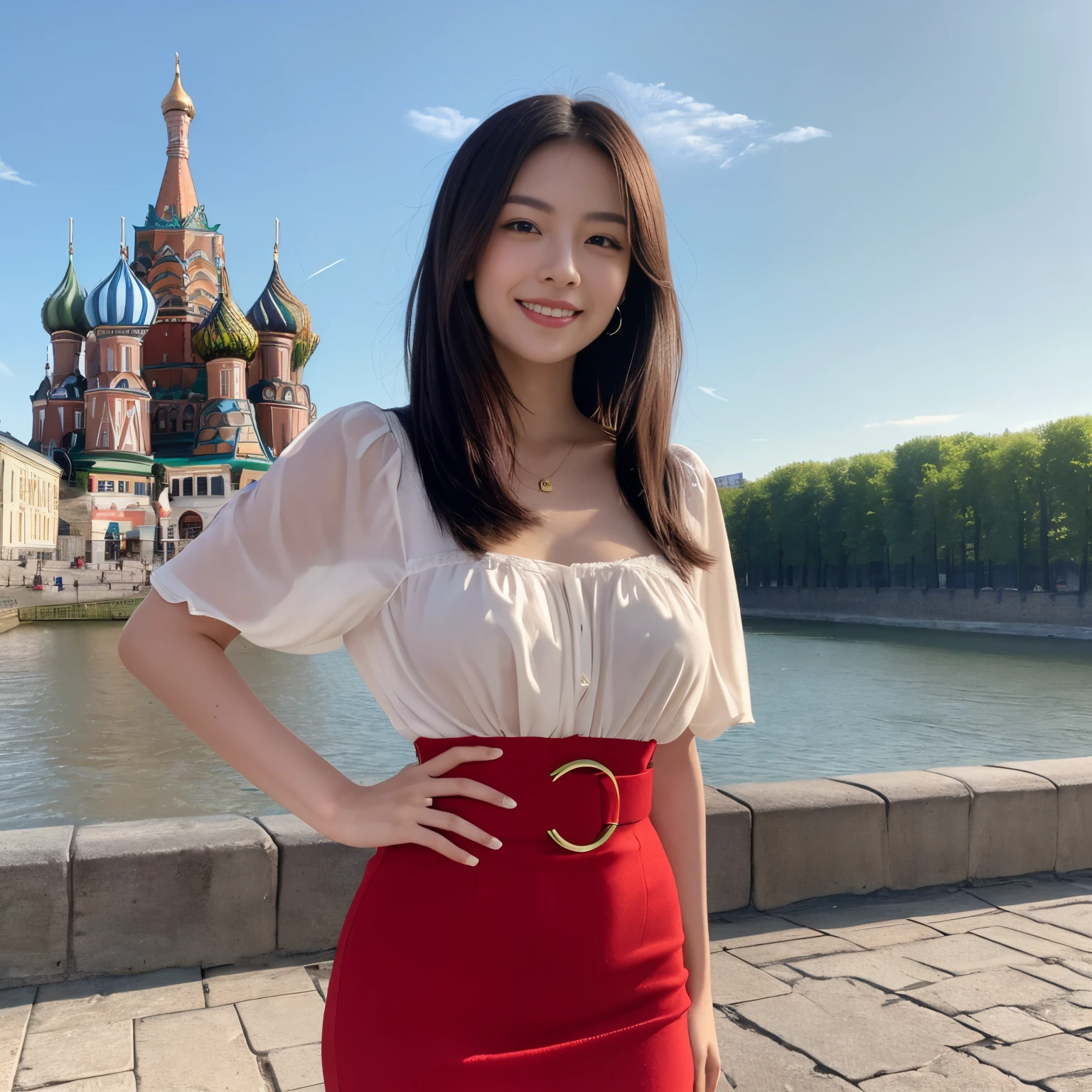 ((top-quality、masutepiece、8K、Top image quality))、(1 photo:2)、Fashionable clothes that have a causal relationship with Russian beauty:1.2)、(Clothes that do not expose skin:1.3)、(Dress accurately:1.2)、Faces of Russians、Russian hair color、Russian skin color、(visit russia'world famous tourist destination:1.3)、(At a world heritage site in Russia:1.3)、Upper body photo、the best smile when you look at me、perfect anatomia