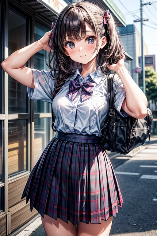 A woman wearing a skirt and bow tie taking a photo, hi-school girl, School Ribbon, Cute Schoolgirl, School Girl, Japan school uniform, High school girl posing, a japanese girl, dressed as schoolgirl, Japanese Models, wearing japanese school uniform, plaid navy blue skirt