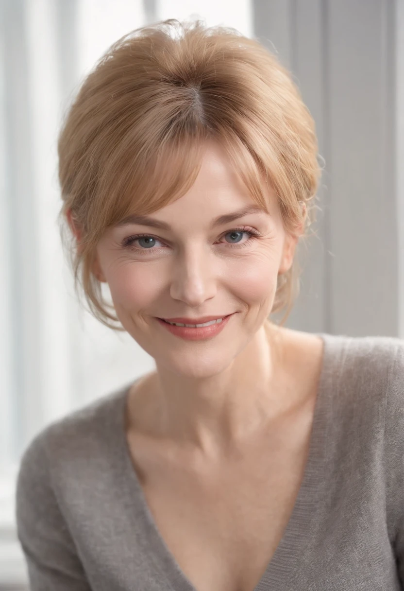 1Fille 60 ans, chin length bobbed hair with square bangs, golden blonde hair, aging slightly overweight Louise Lasser lookalike, clear and distinct wrinkles and age spots and other signs of aging on her face and neck and eyes, small breasts, Regarder camera, dark blue eyes, Joaillerie, corps entier, entier, Collier, Schulterfrei, chandail, minora, ultra-Realistic, nez, Rue de nuit, happy smile, large extra white cosmetic teeth, 1/2 length photo from the waist up, tiny snug fitting baby cardigan sweater over a scoop neck white t-shirt, tight gray flannel hip hugger pants, f/5.6, empty office space converted to photo studio is out of focus in the distant background with dramatic 2 light down spot light effect of light and shadow on the walls and floor, old office sashed windows visible and out of focus in the background,