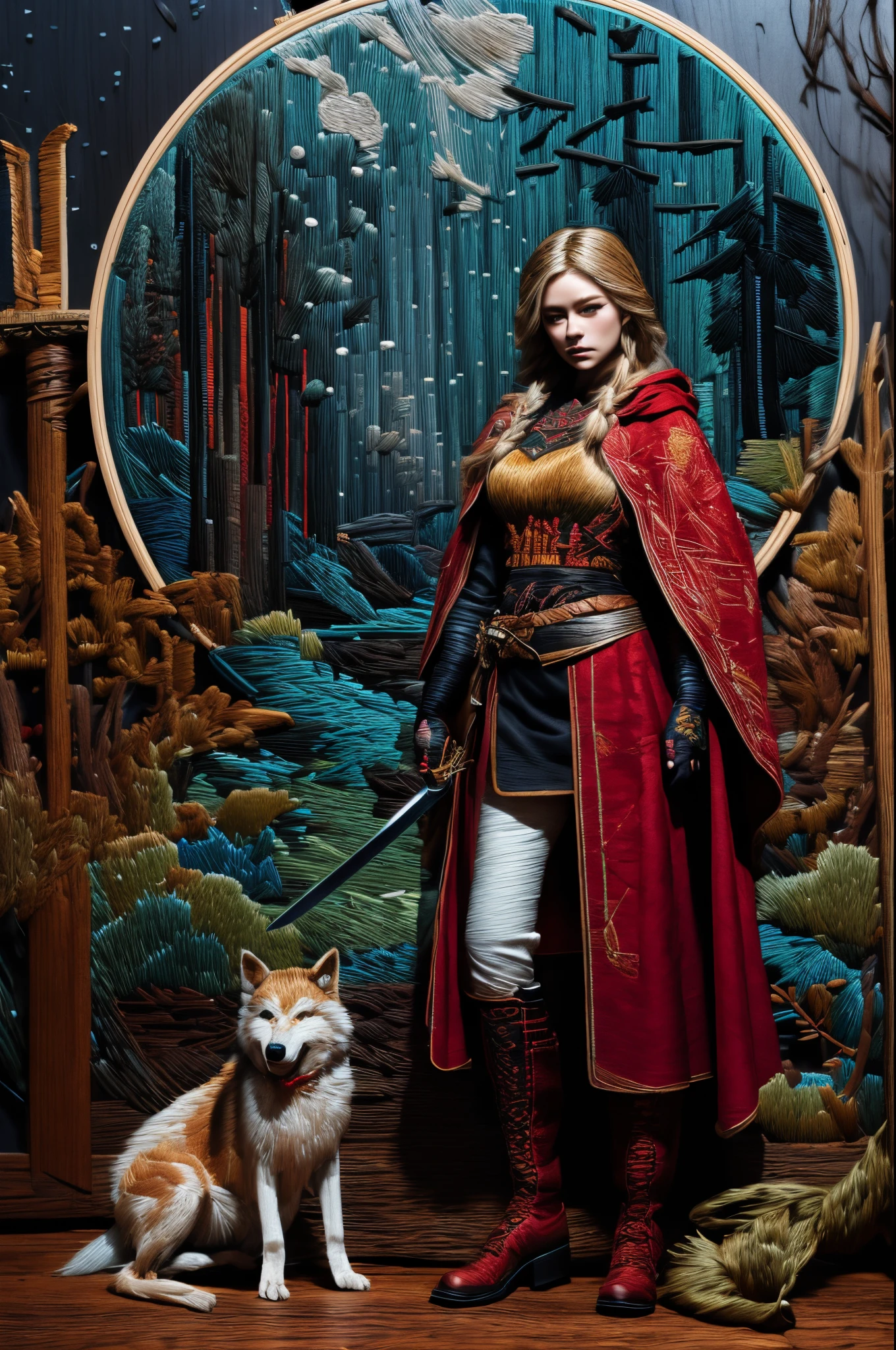 (embroidery artwork: 1.5), punch needle embroidery, masterwork art, ultra wide shot, RAW, a picture of female human ranger and her wolf pet, the ranger, an exquisite beautiful human woman, long blond hair, braided hair, green eyes, wearing leather armor, wearing (red cloak: 1.1), armed with a (sword: 1.3), wearing laced boots, standing in a dark forest at night, (mist rising from the grounds: 1.3), a sense of dread and fear, yet she stands defiant and fearless, her wolf pet stands near her, protecting her, dark fantasy forest background, best quality, 16k, [ultra detailed], masterpiece, best quality, (ultra detailed), full body, ultra wide shot,