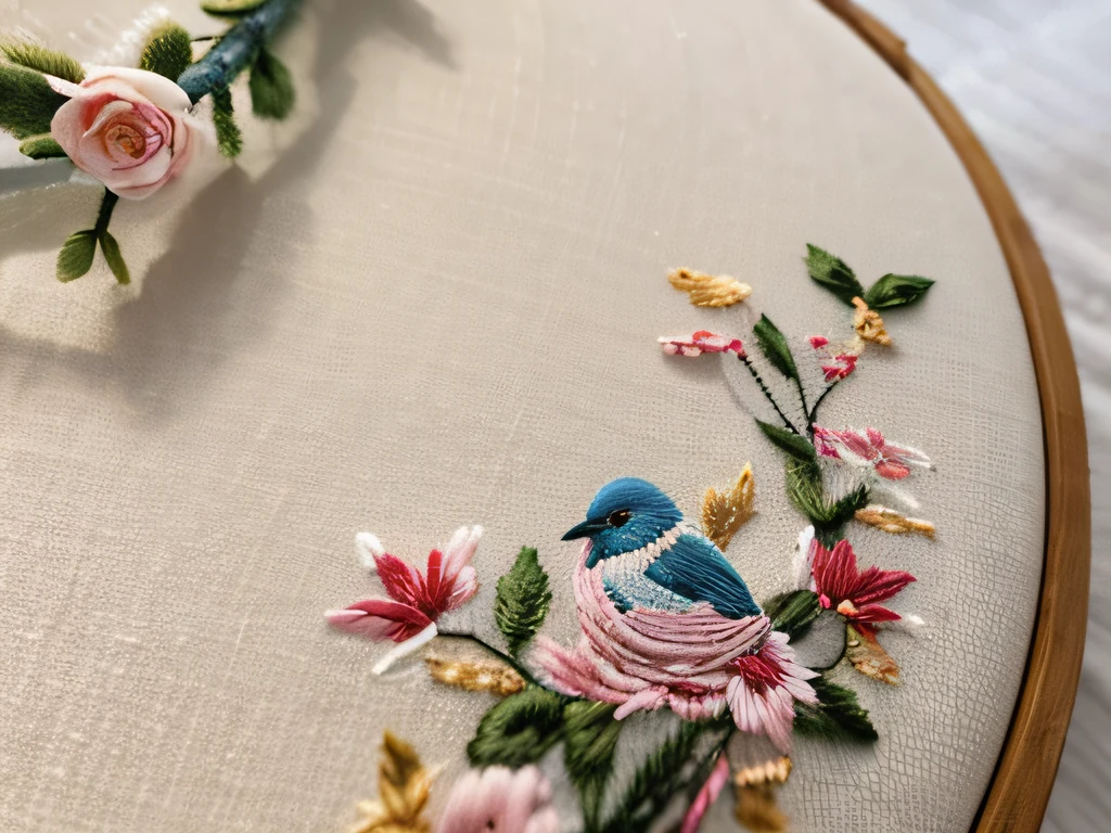 embroidery, intricate embroidery, floral embroidery, The pattern is a bird perched on a flower branch,Lovely detailed artwork, silk dress,The cloth,Add details, The content is very detailed, The content is very detailed, tmasterpiece,ultraclear,