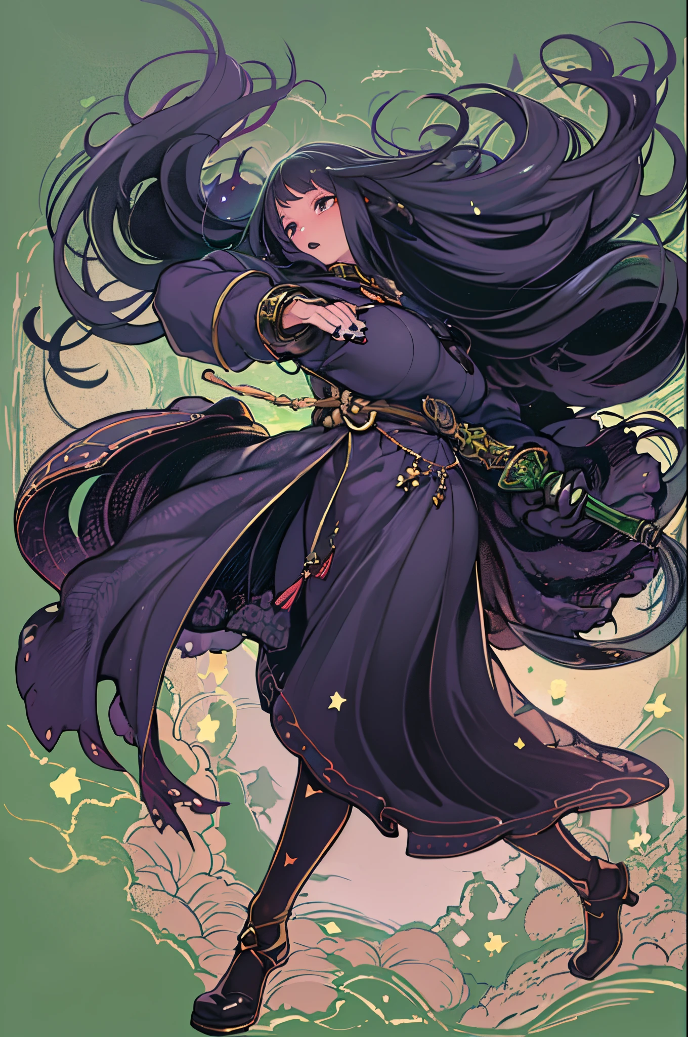 Villain, 200-year-old witch, Long Black Hair, The magic of her hands shining